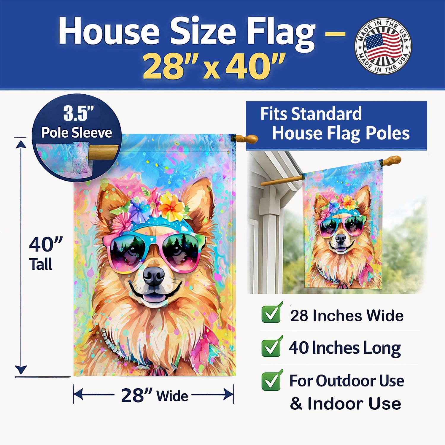 Pomeranian Hippie Dawg House Flag 28x40 Porch Sleeve Pole Decorative Outside Yard Banner Artwork Wall Hanging, Polyester