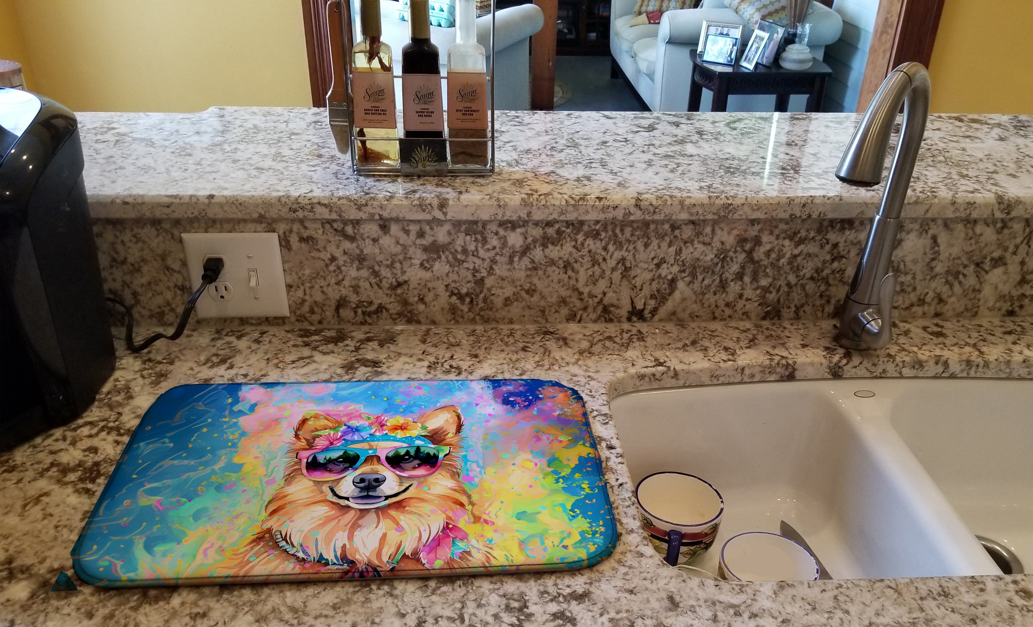 Pomeranian Hippie Dawg Dish Drying Mat Absorbent Dish Drying Mat Pad for Kitchen Counter Dish Drainer Mat for Countertop, 14 x 21", Multicolor