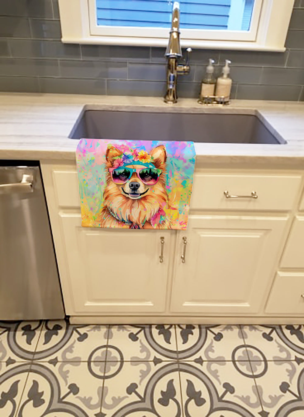 Pomeranian Hippie Dawg Kitchen Towel Velour Plush Front and Cotton Loop Back Machine Washable