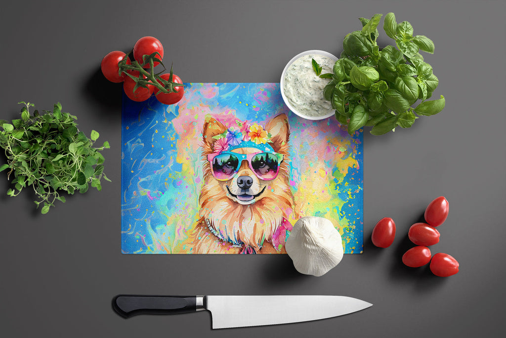 Pomeranian Hippie Dawg Cutting Board Tempered Glass Kitchen Cutting Surface, Heat Resistant Chopping, Non-Slip Feet, Food Prep & Serving