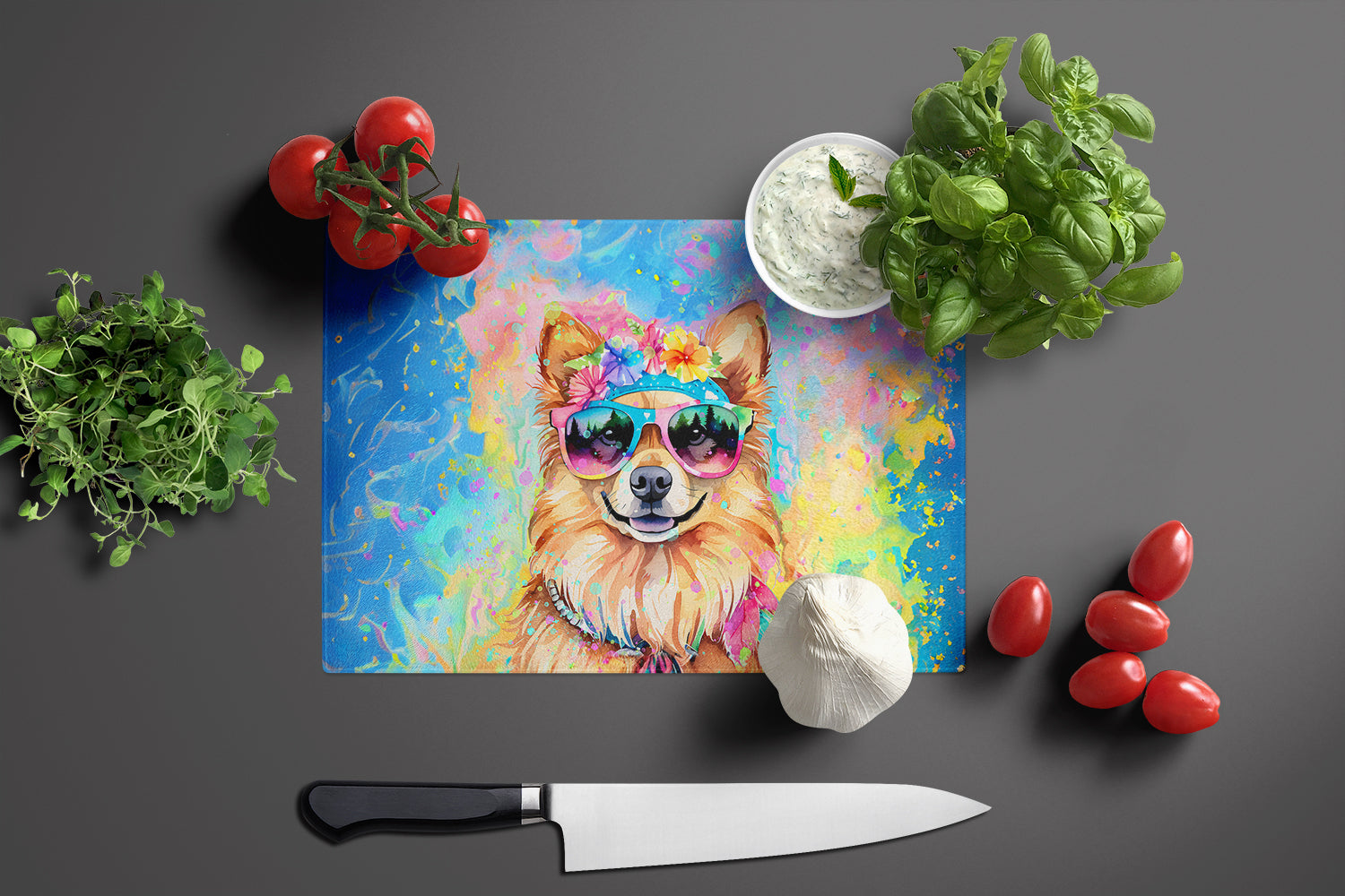 Pomeranian Hippie Dawg Cutting Board Tempered Glass Kitchen Cutting Surface, Heat Resistant Chopping, Non-Slip Feet, Food Prep & Serving