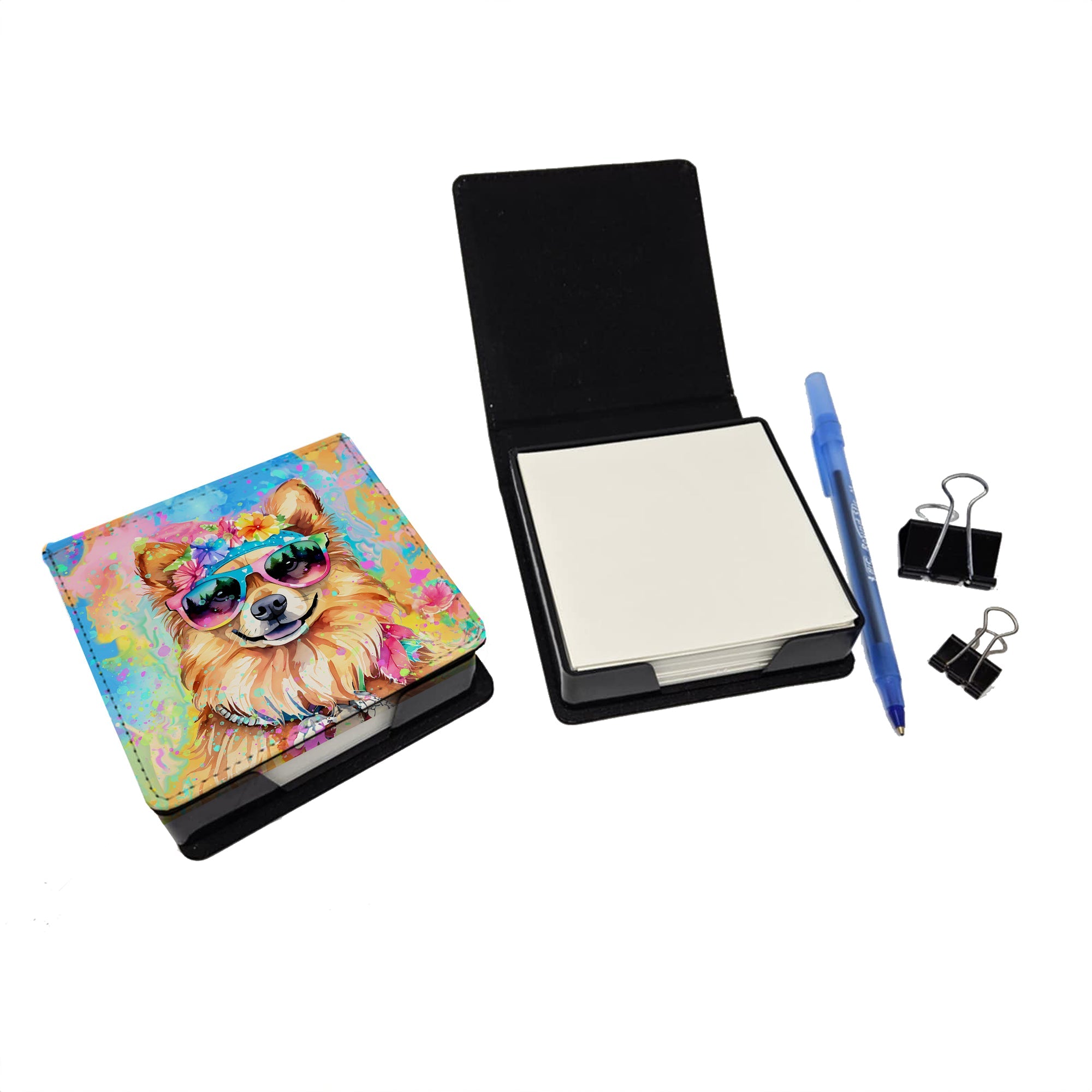 Pomeranian Hippie Dawg PU Leather Note Paper Holder with Artist-Designed Cover, Desk Accessory, Office Gift