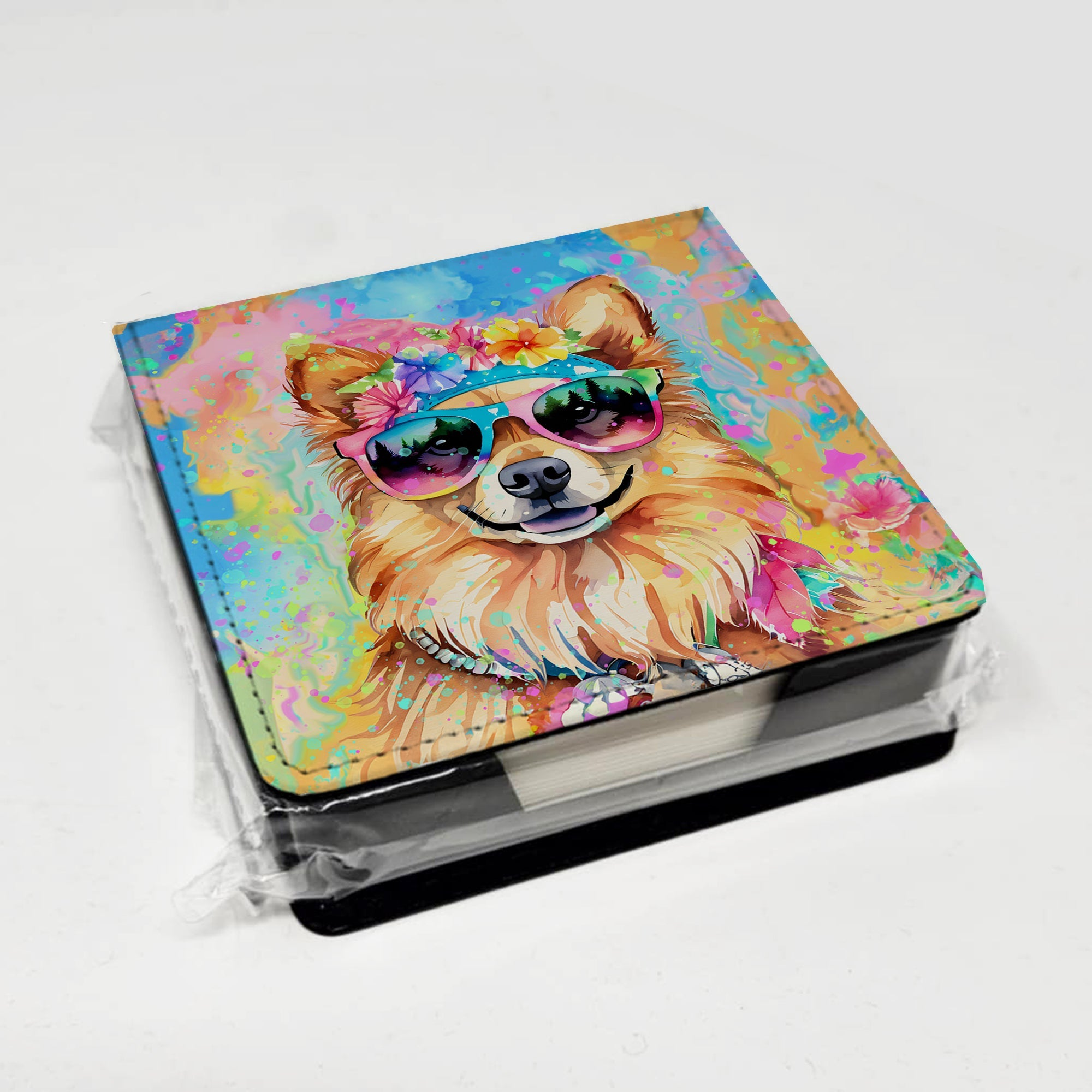 Pomeranian Hippie Dawg PU Leather Note Paper Holder with Artist-Designed Cover, Desk Accessory, Office Gift