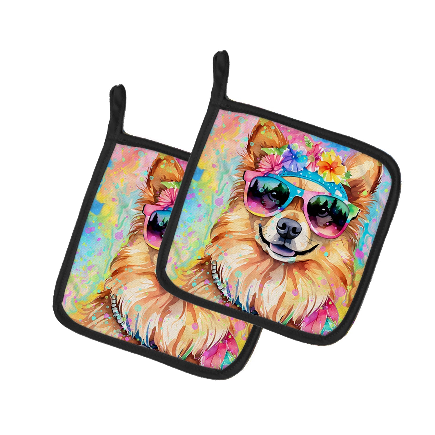 Pomeranian Hippie Dawg Pot Holder Set of 2 Heat Resistant Quilted Hot Pads 7.5 x 7.5 Inch, Insulated Kitchen Trivets for Cooking & Baking