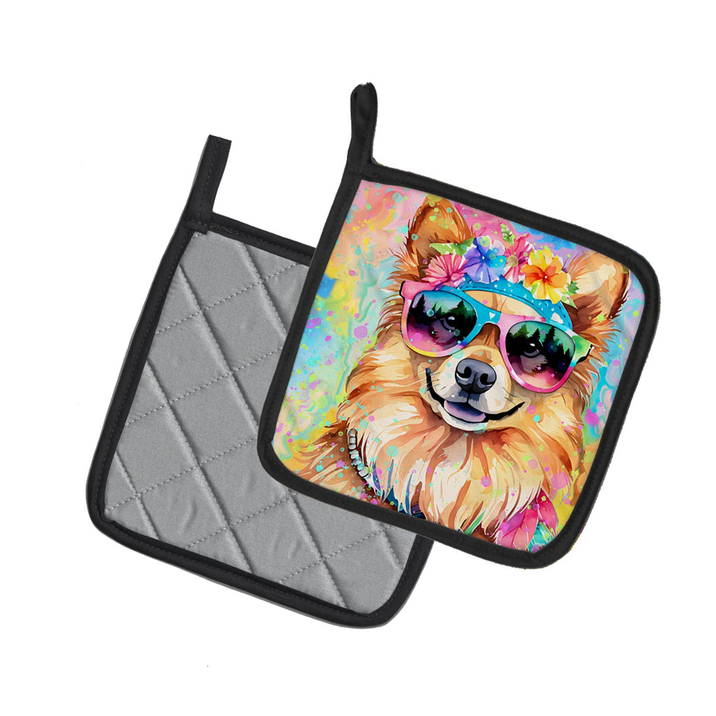 Pomeranian Hippie Dawg Pot Holder Set of 2 Heat Resistant Quilted Hot Pads 7.5 x 7.5 Inch, Insulated Kitchen Trivets for Cooking & Baking