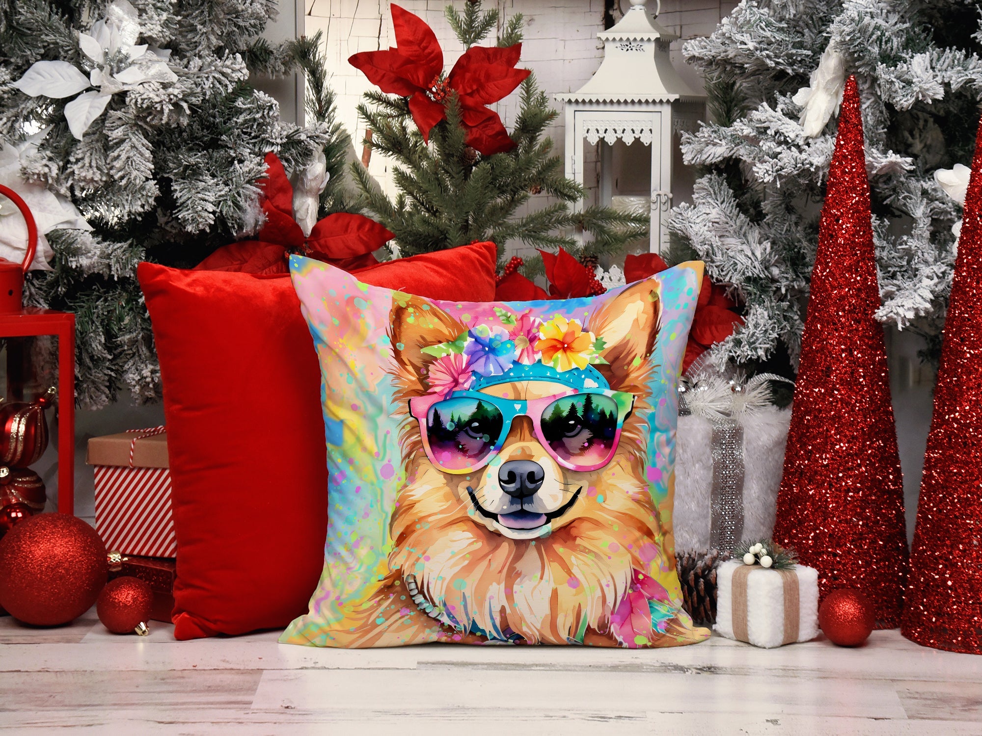 Pomeranian Hippie Dawg Decorative Throw Pillow 14x14 Indoor Outdoor Accent Cushion, Fabric Cover with Insert for Sofa, Bed, Porch & Living Room
