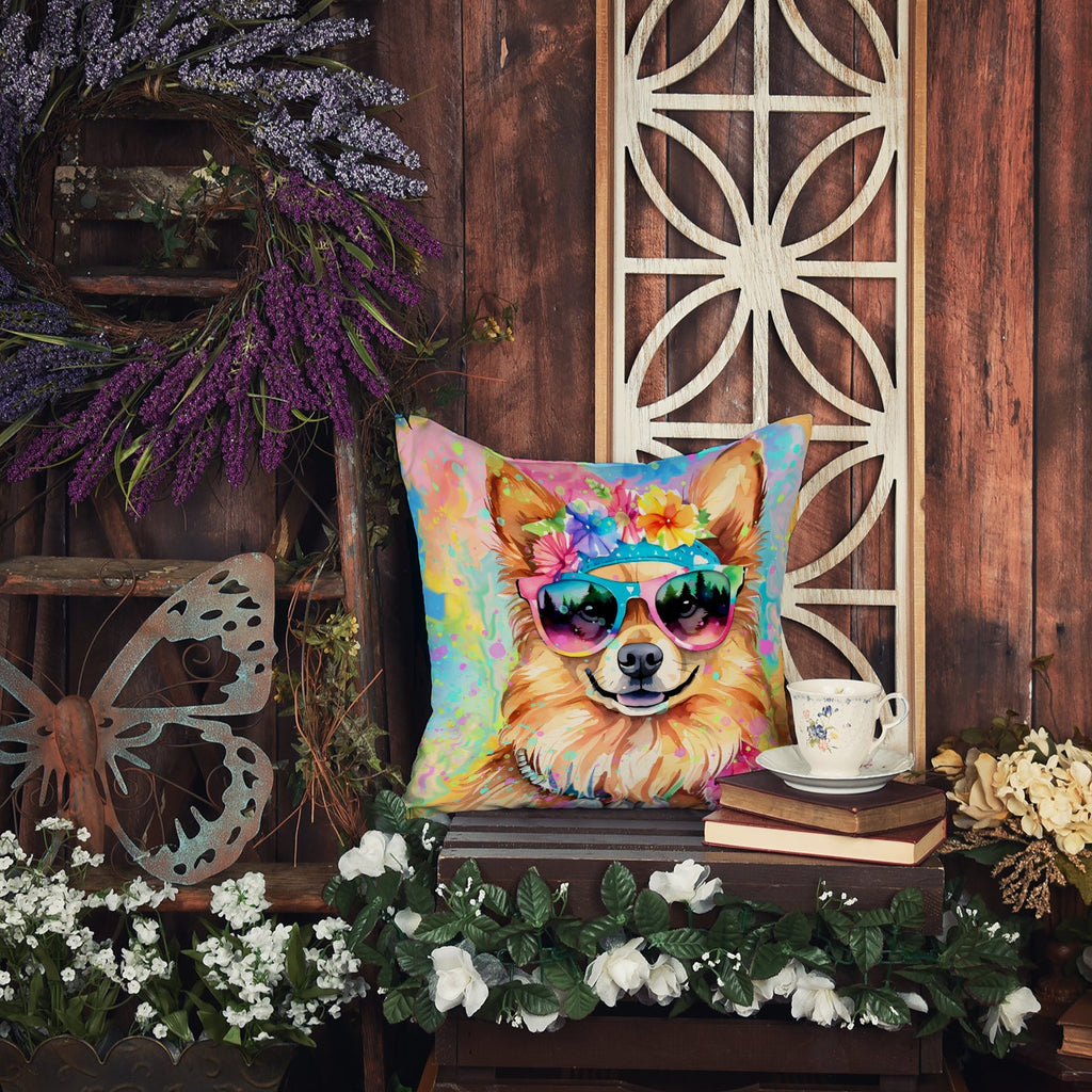 Pomeranian Hippie Dawg Decorative Throw Pillow 14x14 Indoor Outdoor Accent Cushion, Fabric Cover with Insert for Sofa, Bed, Porch & Living Room