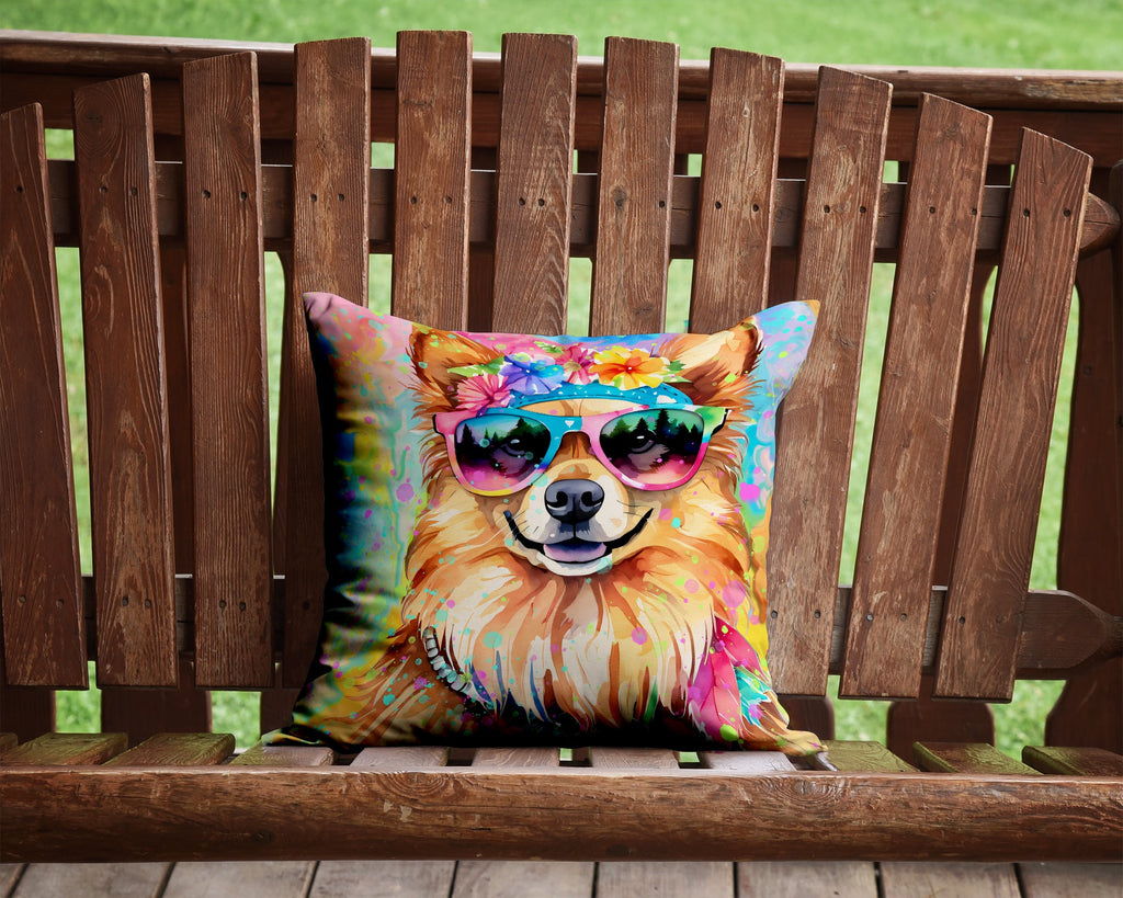 Pomeranian Hippie Dawg Decorative Throw Pillow 14x14 Indoor Outdoor Accent Cushion, Fabric Cover with Insert for Sofa, Bed, Porch & Living Room