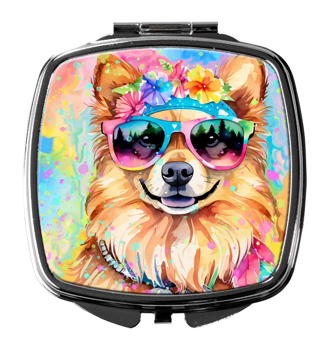 Pomeranian Hippie Dawg Compact Mirror Decorative Travel Makeup Mirror for Women Girls Gifts Pocket Makeup Mirror Folding Handheld