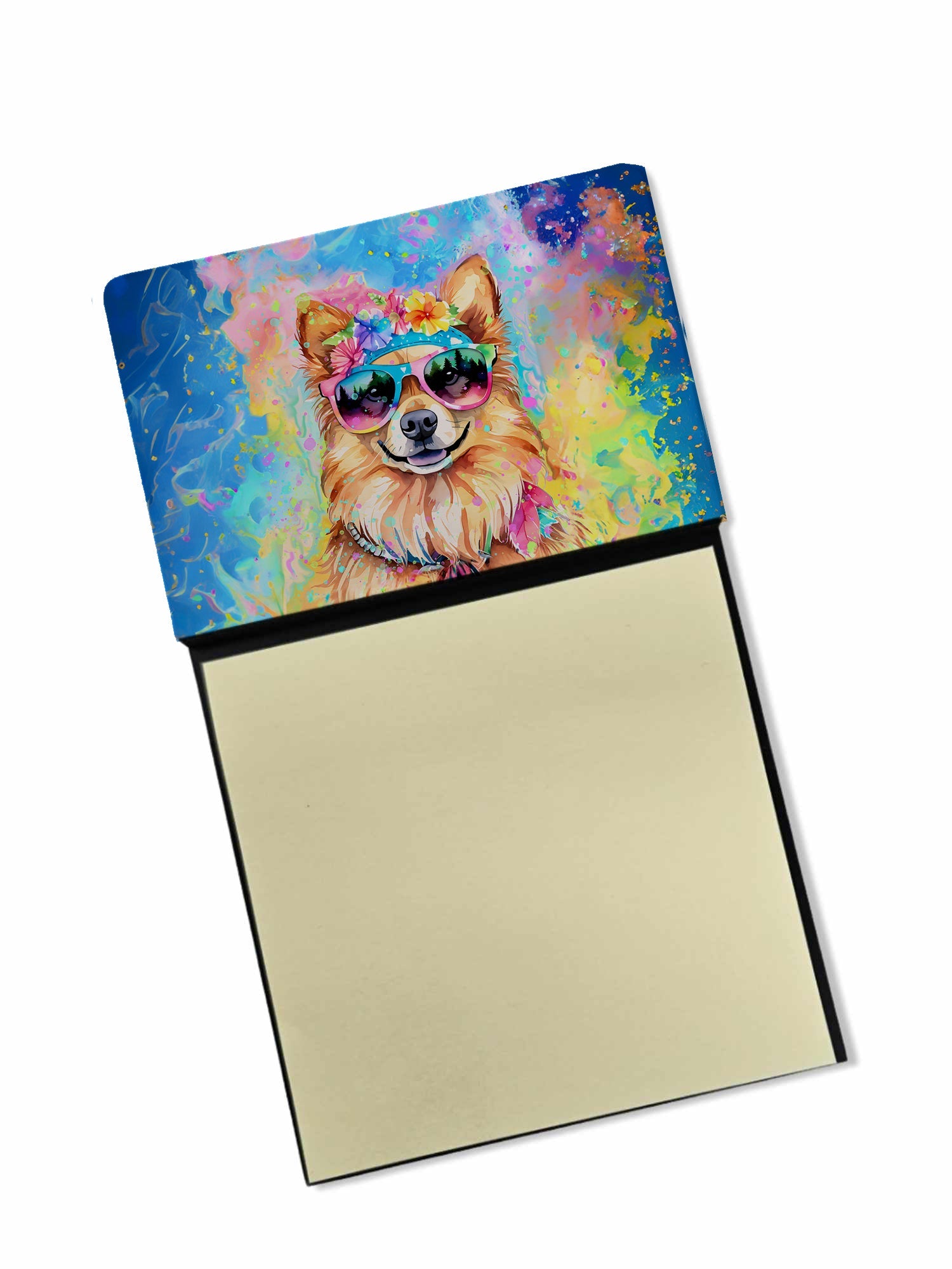 Pomeranian Hippie Dawg Watercolor Sticky Note Holder Refillable Dispenser Desk Accessory 3x3 Pad Gift
