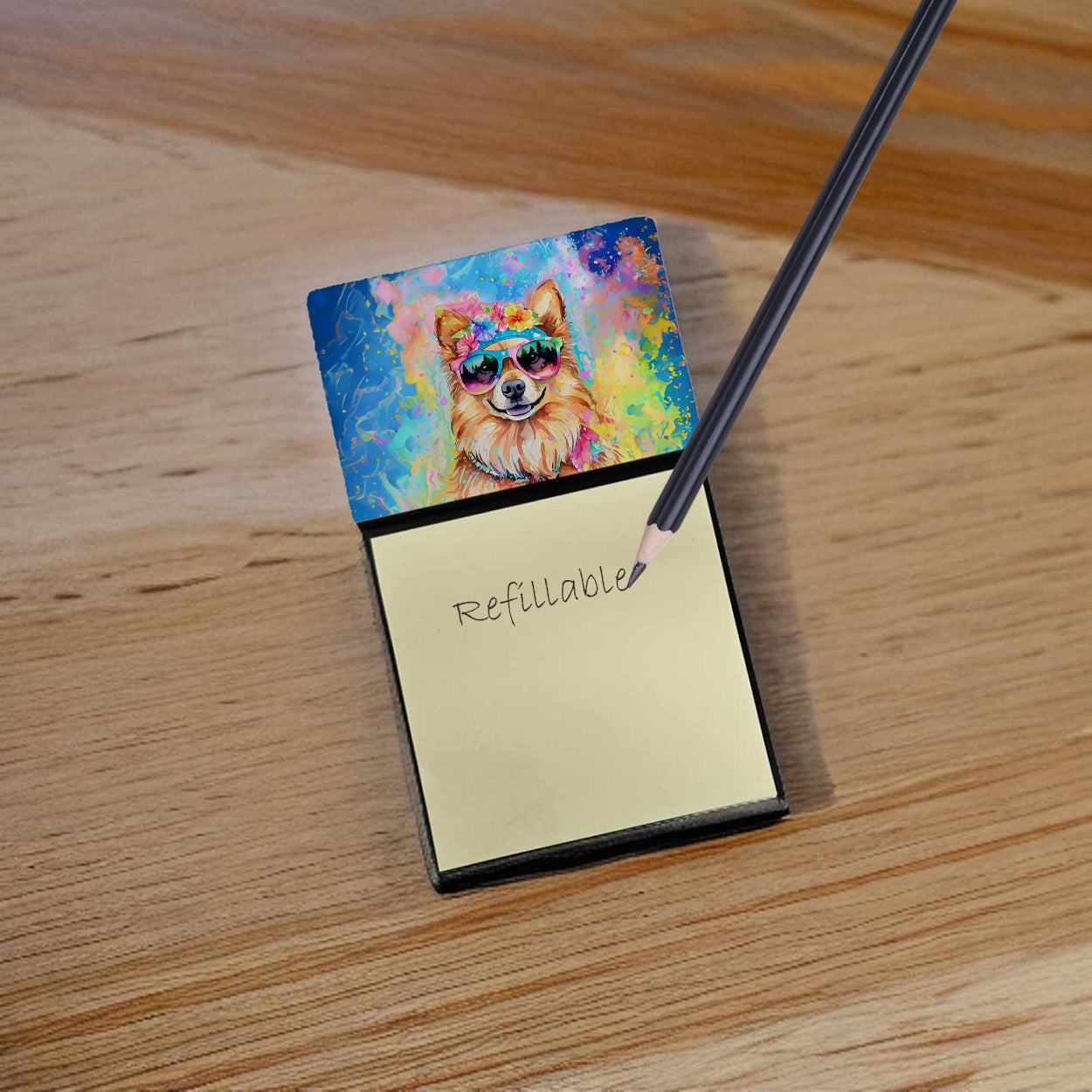 Pomeranian Hippie Dawg Watercolor Sticky Note Holder Refillable Dispenser Desk Accessory 3x3 Pad Gift