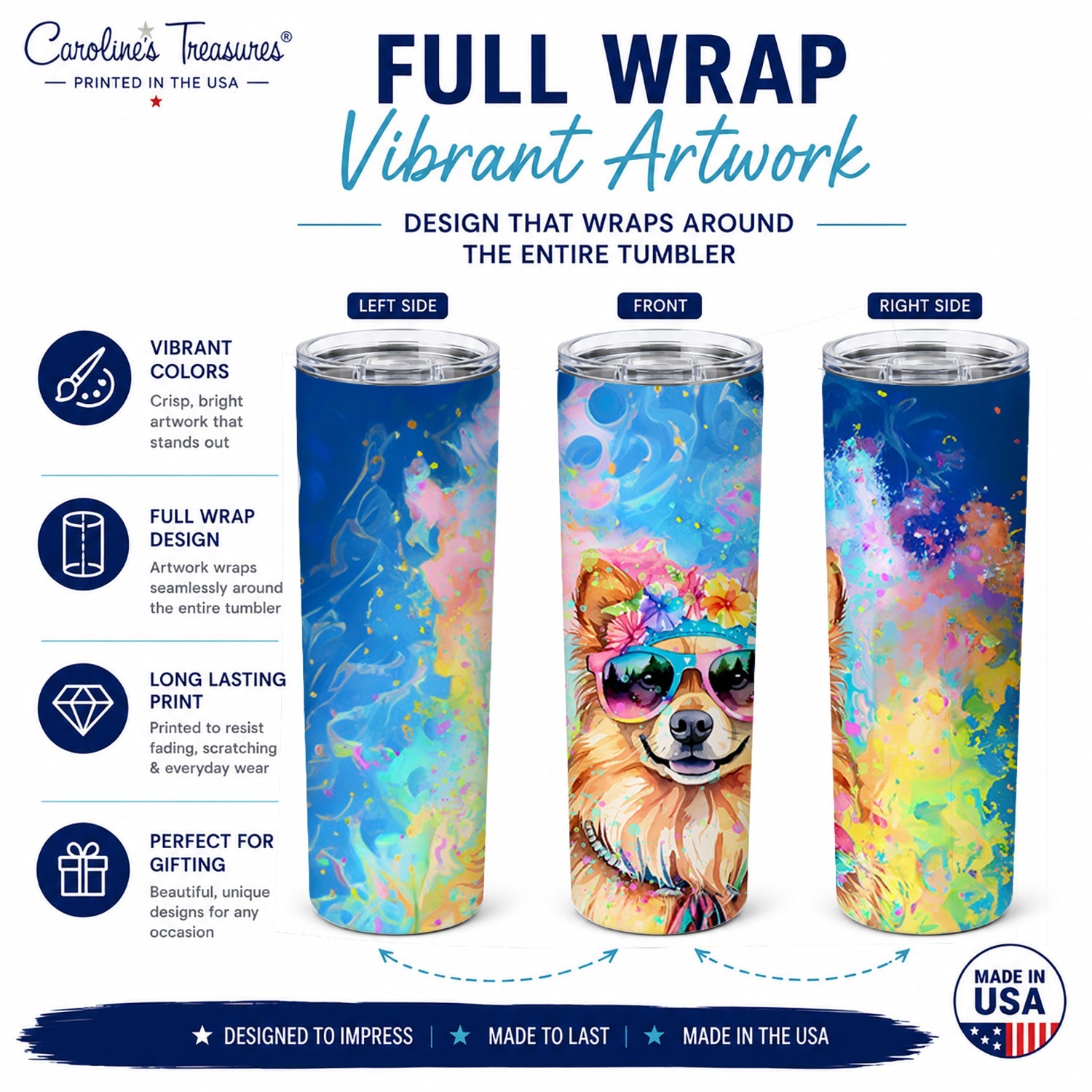 Pomeranian Hippie Dawg Stainless Steel Skinny Tumbler 20 oz Vacuum Double Walled Reusable Insulated Travel Cup