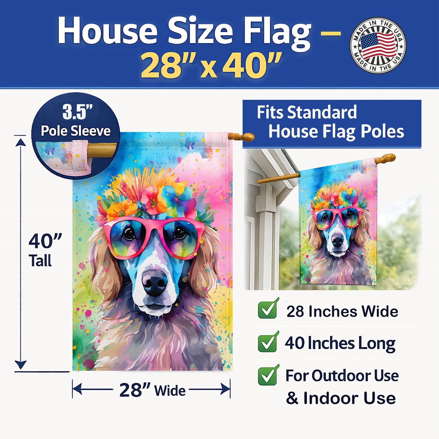 Poodle Hippie Dawg House Flag 28x40 Porch Sleeve Pole Decorative Outside Yard Banner Artwork Wall Hanging, Polyester