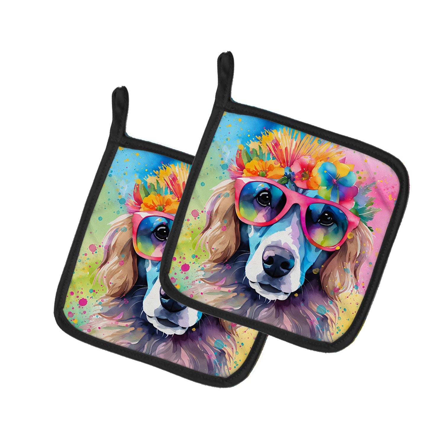 Poodle Hippie Dawg Pot Holder Set of 2 Heat Resistant Quilted Hot Pads 7.5 x 7.5 Inch, Insulated Kitchen Trivets for Cooking & Baking