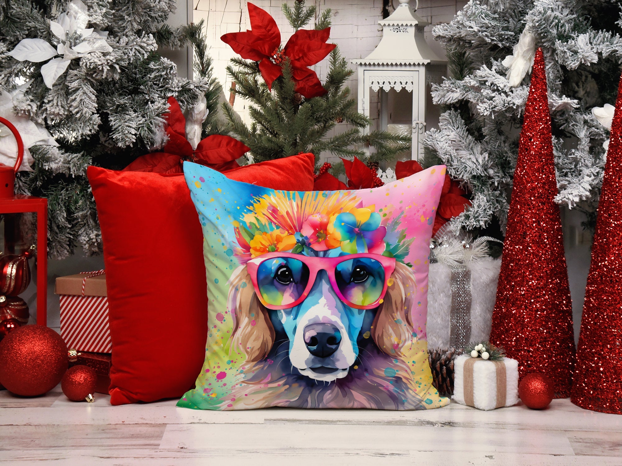 Poodle Hippie Dawg Decorative Throw Pillow 14x14 Indoor Outdoor Accent Cushion, Fabric Cover with Insert for Sofa, Bed, Porch & Living Room