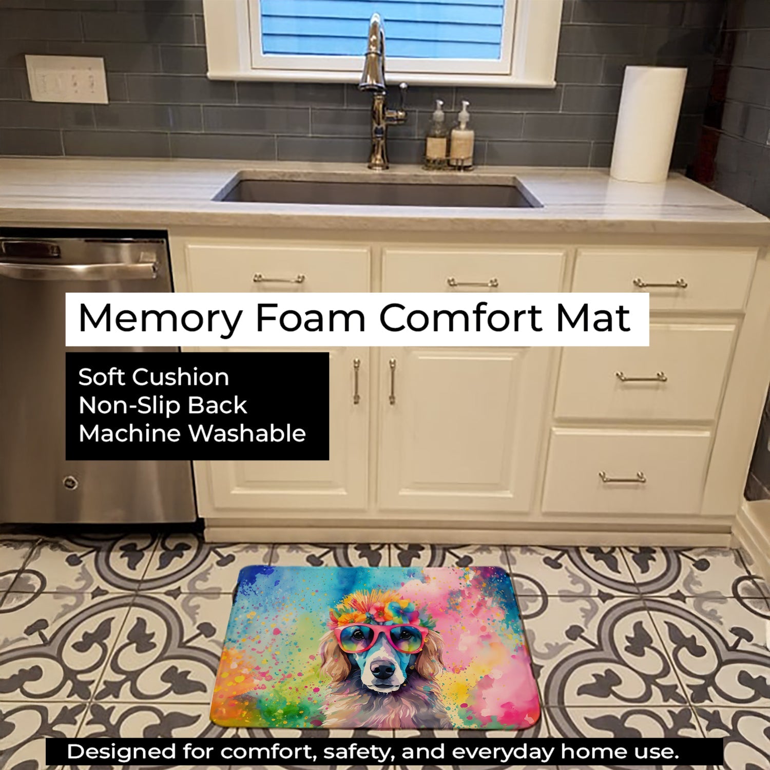 Poodle Hippie Dawg Memory Foam Kitchen Mat Machine Washable Anti-Fatigue Cushion Comfort Bath or Kitchen Rug