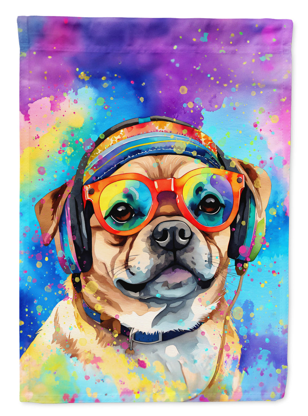 Pug Hippie Dawg House Flag 28x40 Porch Sleeve Pole Decorative Outside Yard Banner Artwork Wall Hanging, Polyester