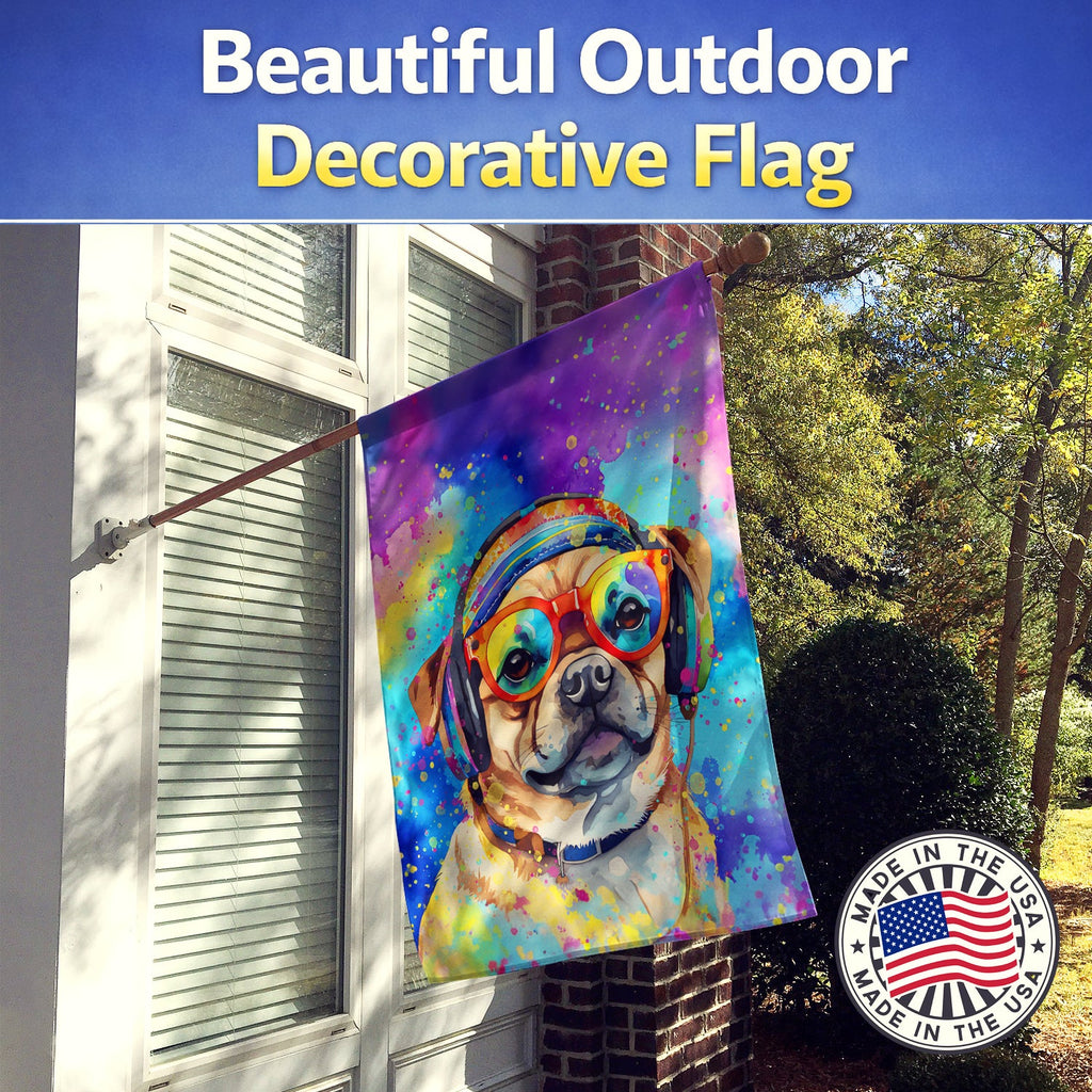 Pug Hippie Dawg House Flag 28x40 Porch Sleeve Pole Decorative Outside Yard Banner Artwork Wall Hanging, Polyester