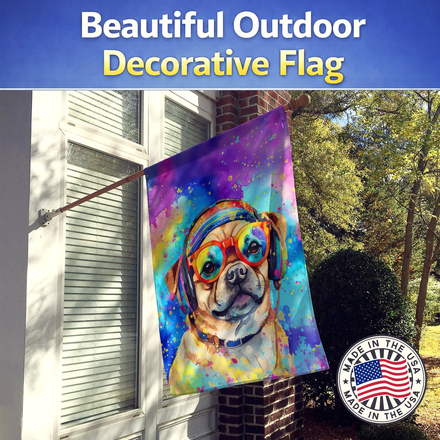 Pug Hippie Dawg House Flag 28x40 Porch Sleeve Pole Decorative Outside Yard Banner Artwork Wall Hanging, Polyester
