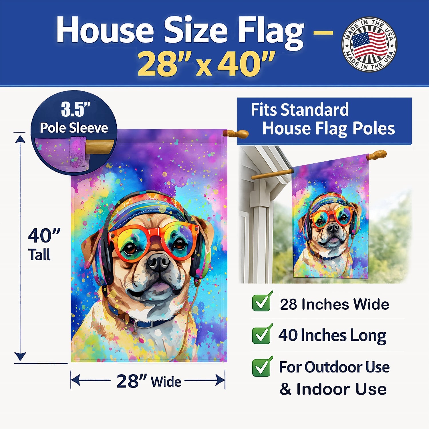 Pug Hippie Dawg House Flag 28x40 Porch Sleeve Pole Decorative Outside Yard Banner Artwork Wall Hanging, Polyester