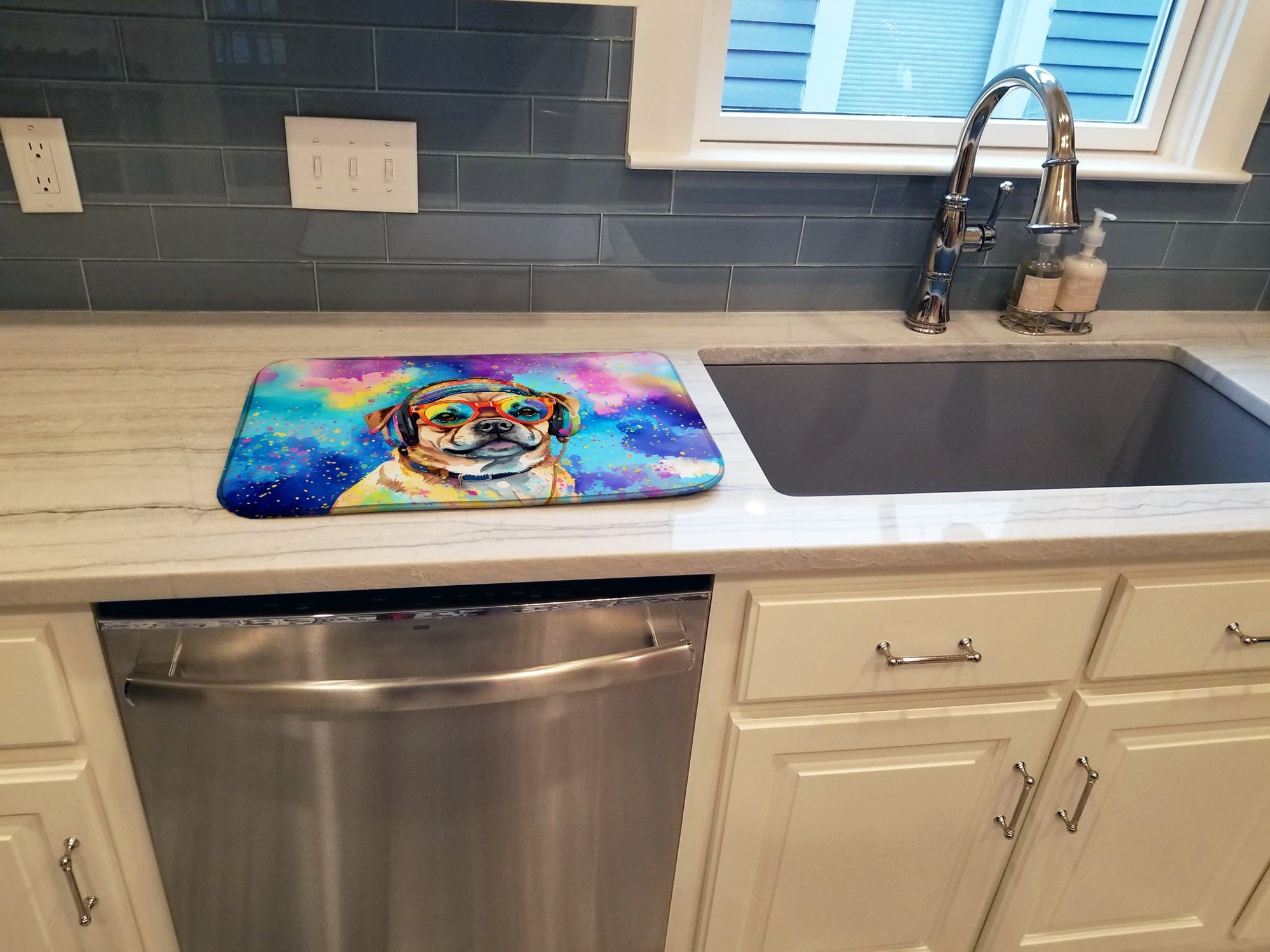 Pug Hippie Dawg Dish Drying Mat Absorbent Dish Drying Mat Pad for Kitchen Counter Dish Drainer Mat for Countertop, 14 x 21", Multicolor