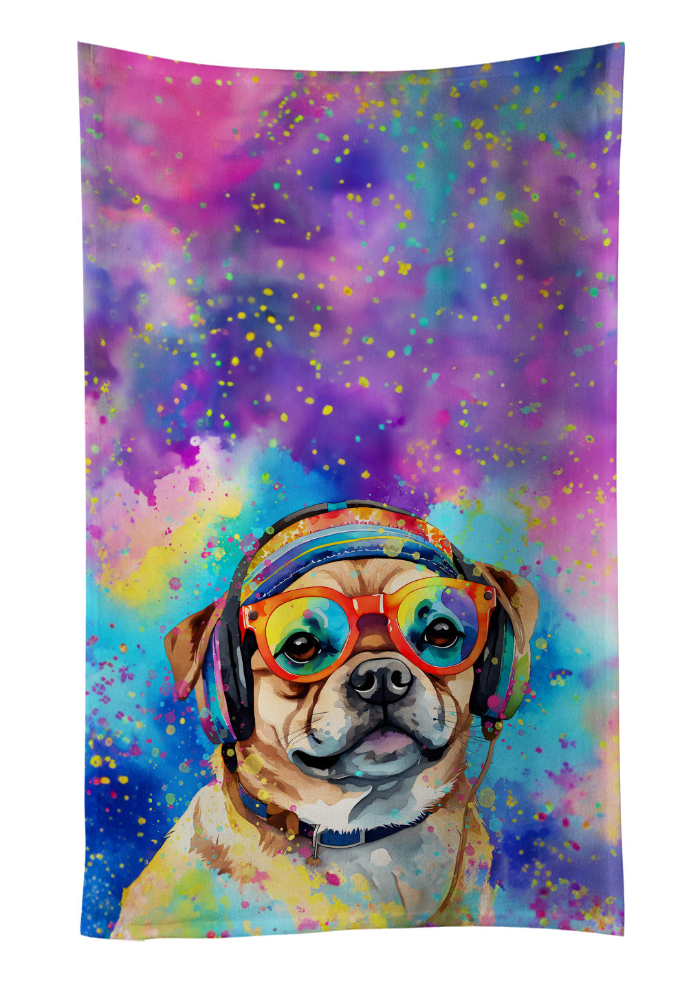 Pug Hippie Dawg Kitchen Towel Velour Plush Front and Cotton Loop Back Machine Washable