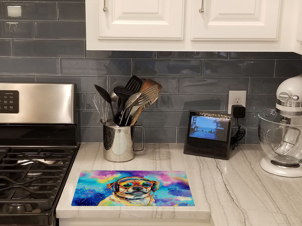 Pug Hippie Dawg Cutting Board Tempered Glass Kitchen Cutting Surface, Heat Resistant Chopping, Non-Slip Feet, Food Prep & Serving