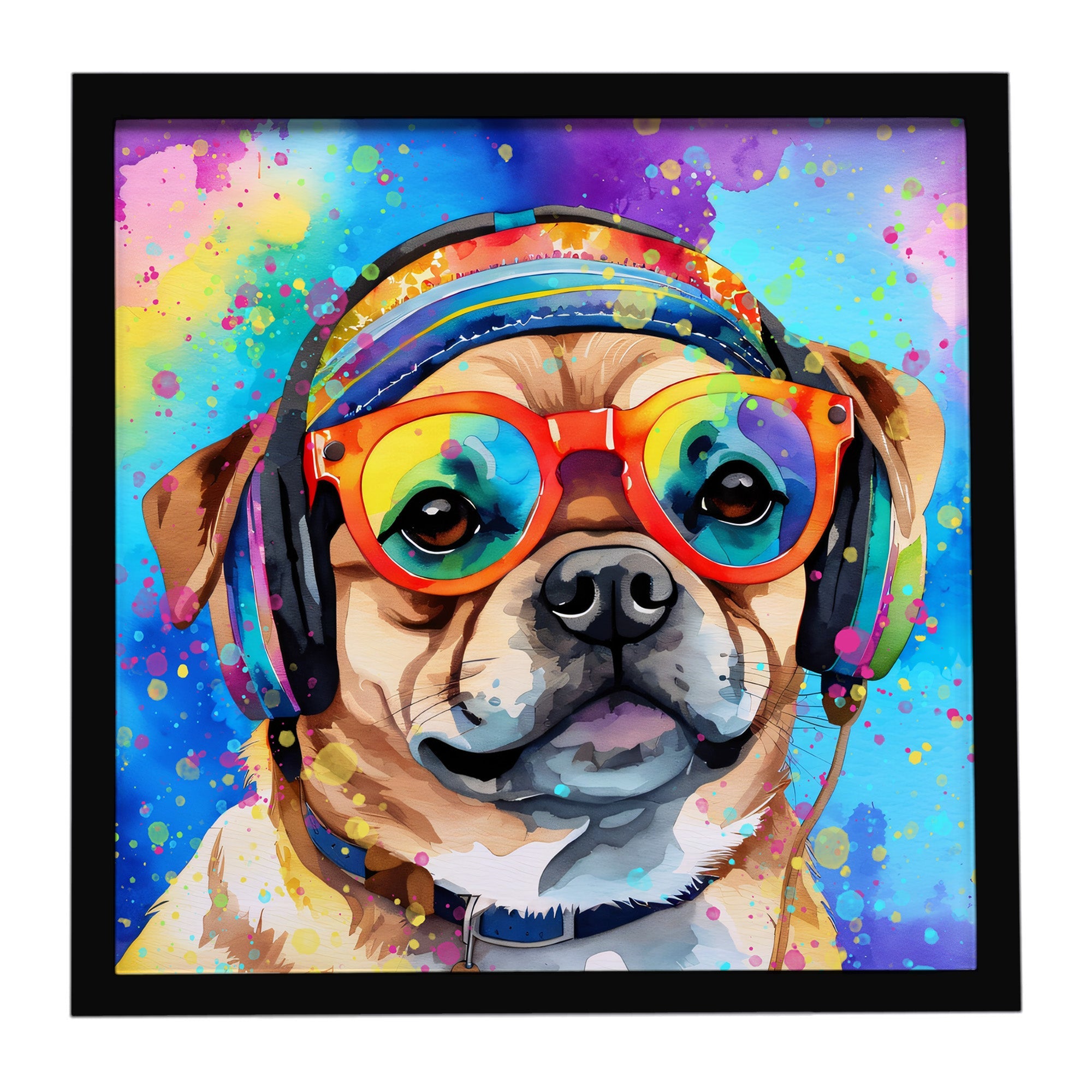 Pug Hippie Dawg Framed Metal Print Bathroom, Kitchen, Office, Home Decor Wall Art Ready to Hang, Square, 8X8
