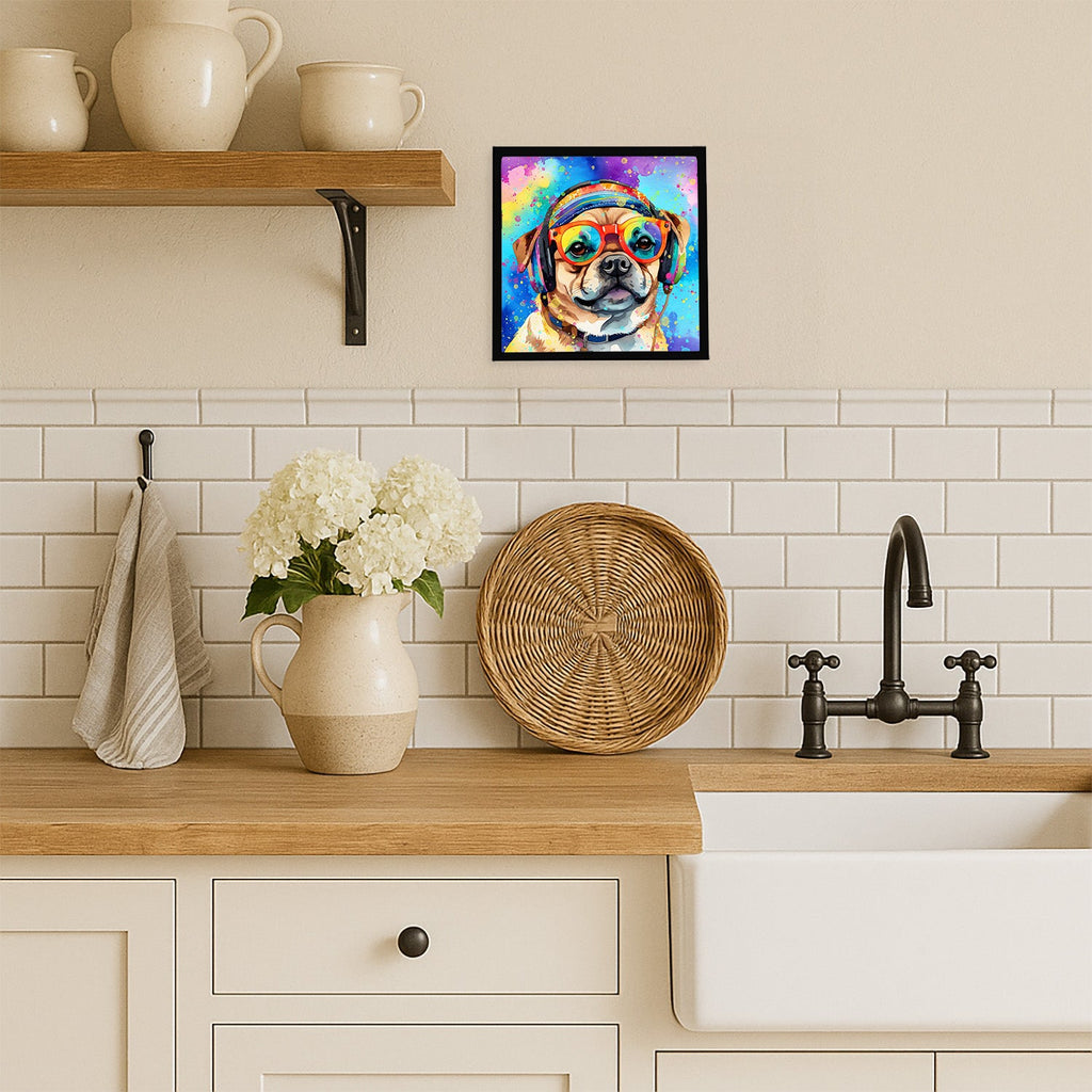 Pug Hippie Dawg Framed Metal Print Bathroom, Kitchen, Office, Home Decor Wall Art Ready to Hang, Square, 8X8