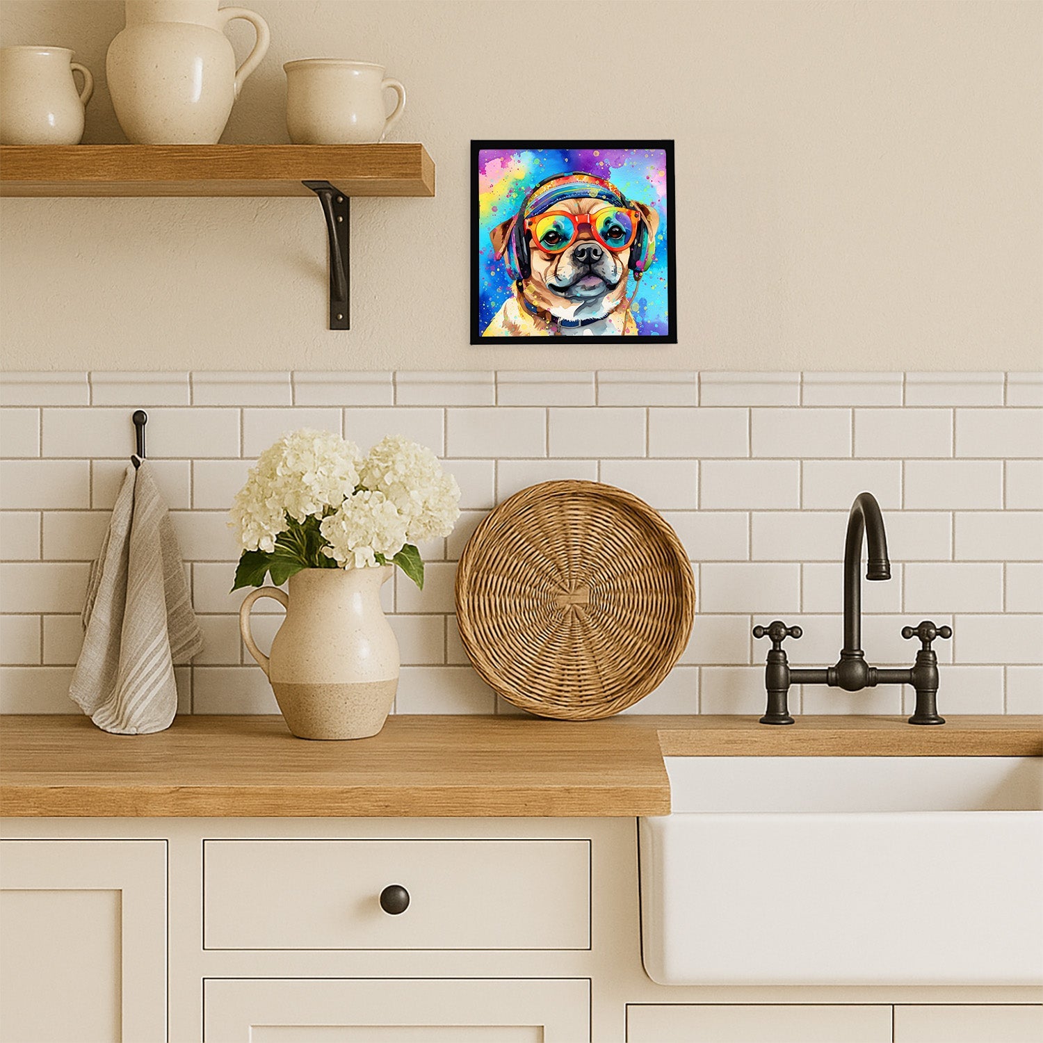 Pug Hippie Dawg Framed Metal Print Bathroom, Kitchen, Office, Home Decor Wall Art Ready to Hang, Square, 8X8