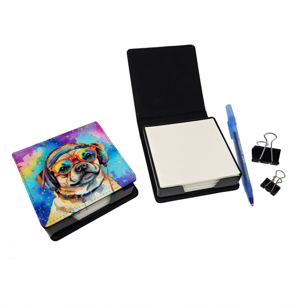Pug Hippie Dawg PU Leather Note Paper Holder with Artist-Designed Cover, Desk Accessory, Office Gift