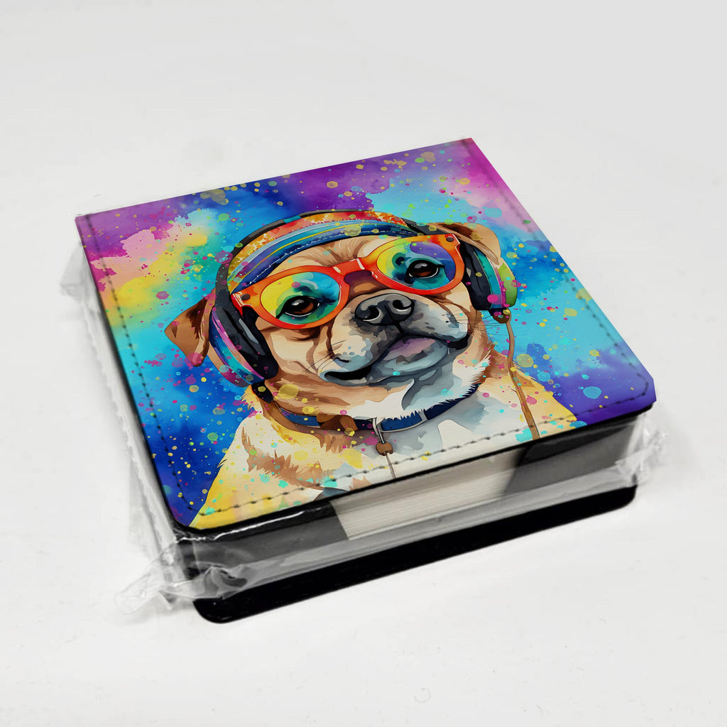 Pug Hippie Dawg PU Leather Note Paper Holder with Artist-Designed Cover, Desk Accessory, Office Gift