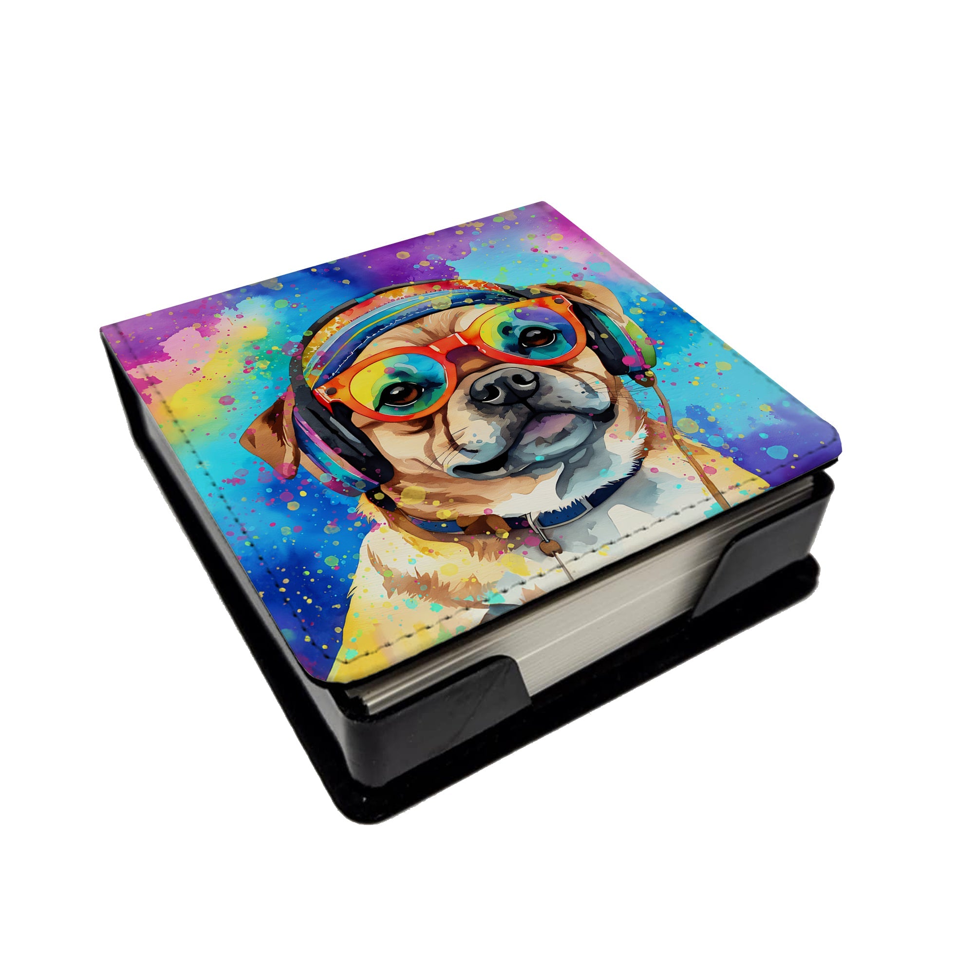 Pug Hippie Dawg PU Leather Note Paper Holder with Artist-Designed Cover, Desk Accessory, Office Gift