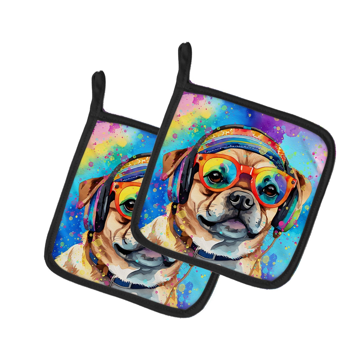 Pug Hippie Dawg Pot Holder Set of 2 Heat Resistant Quilted Hot Pads 7.5 x 7.5 Inch, Insulated Kitchen Trivets for Cooking & Baking