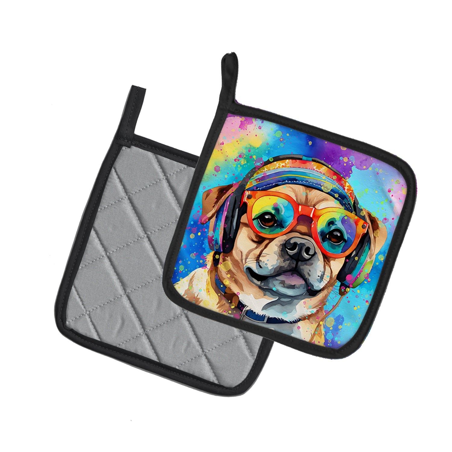 Pug Hippie Dawg Pot Holder Set of 2 Heat Resistant Quilted Hot Pads 7.5 x 7.5 Inch, Insulated Kitchen Trivets for Cooking & Baking