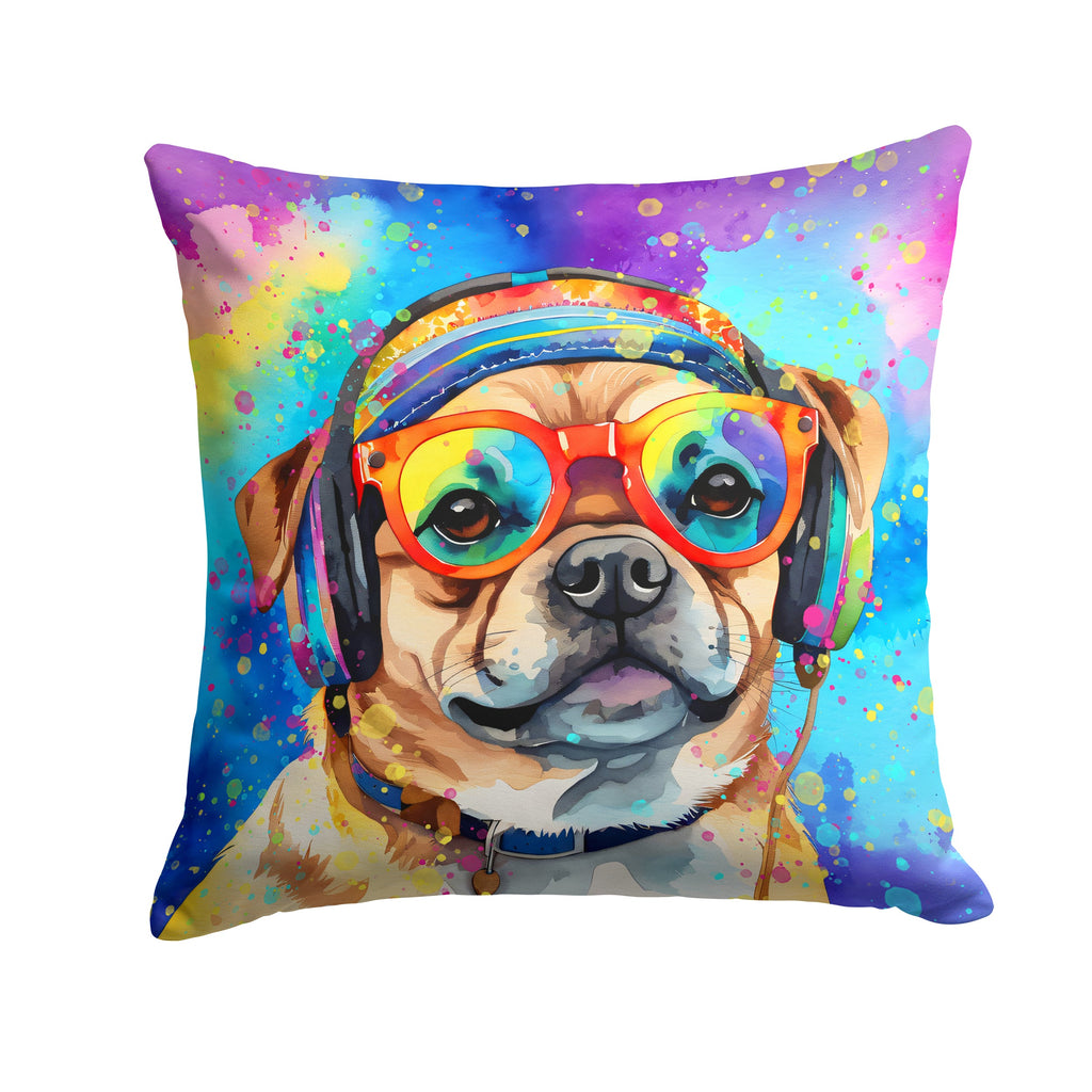 Pug Hippie Dawg Decorative Throw Pillow 14x14 Indoor Outdoor Accent Cushion, Fabric Cover with Insert for Sofa, Bed, Porch & Living Room