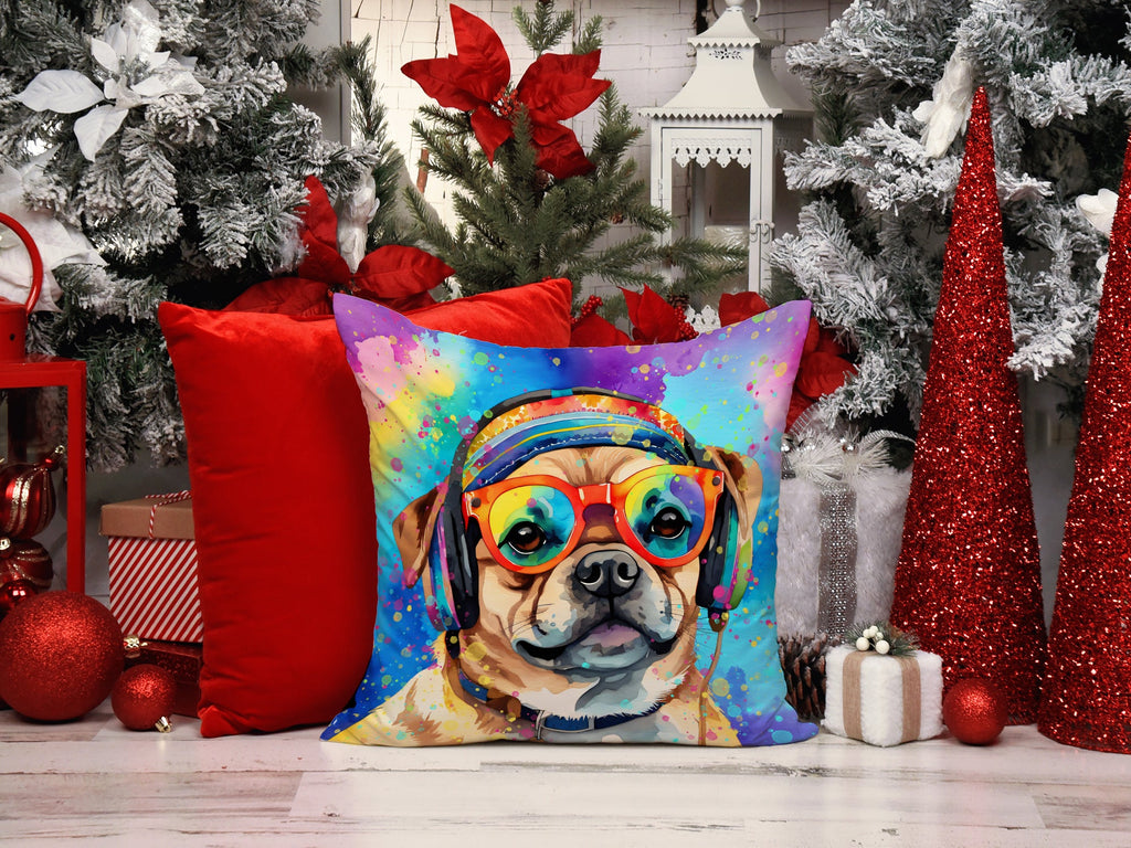Pug Hippie Dawg Decorative Throw Pillow 14x14 Indoor Outdoor Accent Cushion, Fabric Cover with Insert for Sofa, Bed, Porch & Living Room