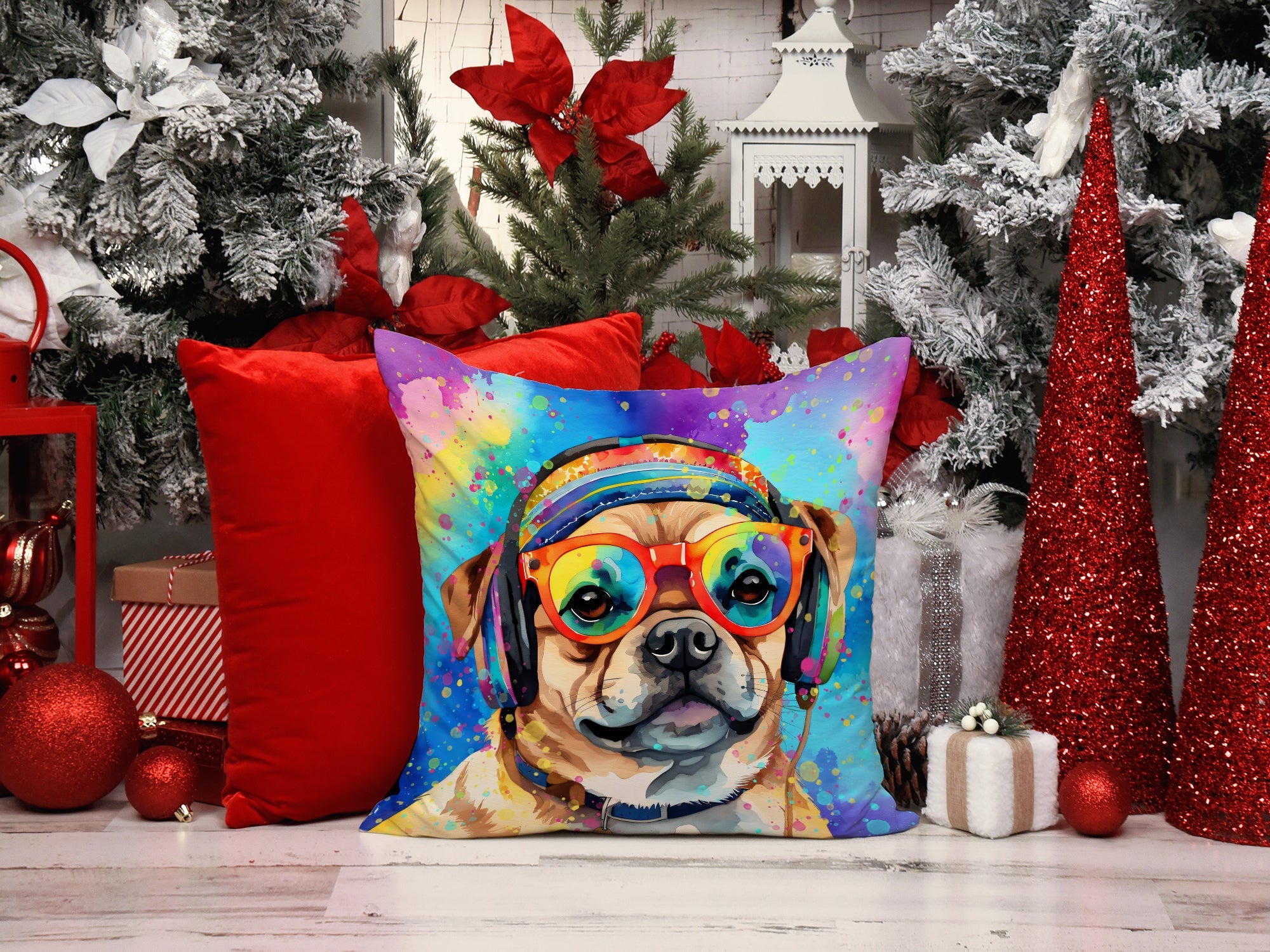 Pug Hippie Dawg Decorative Throw Pillow 14x14 Indoor Outdoor Accent Cushion, Fabric Cover with Insert for Sofa, Bed, Porch & Living Room