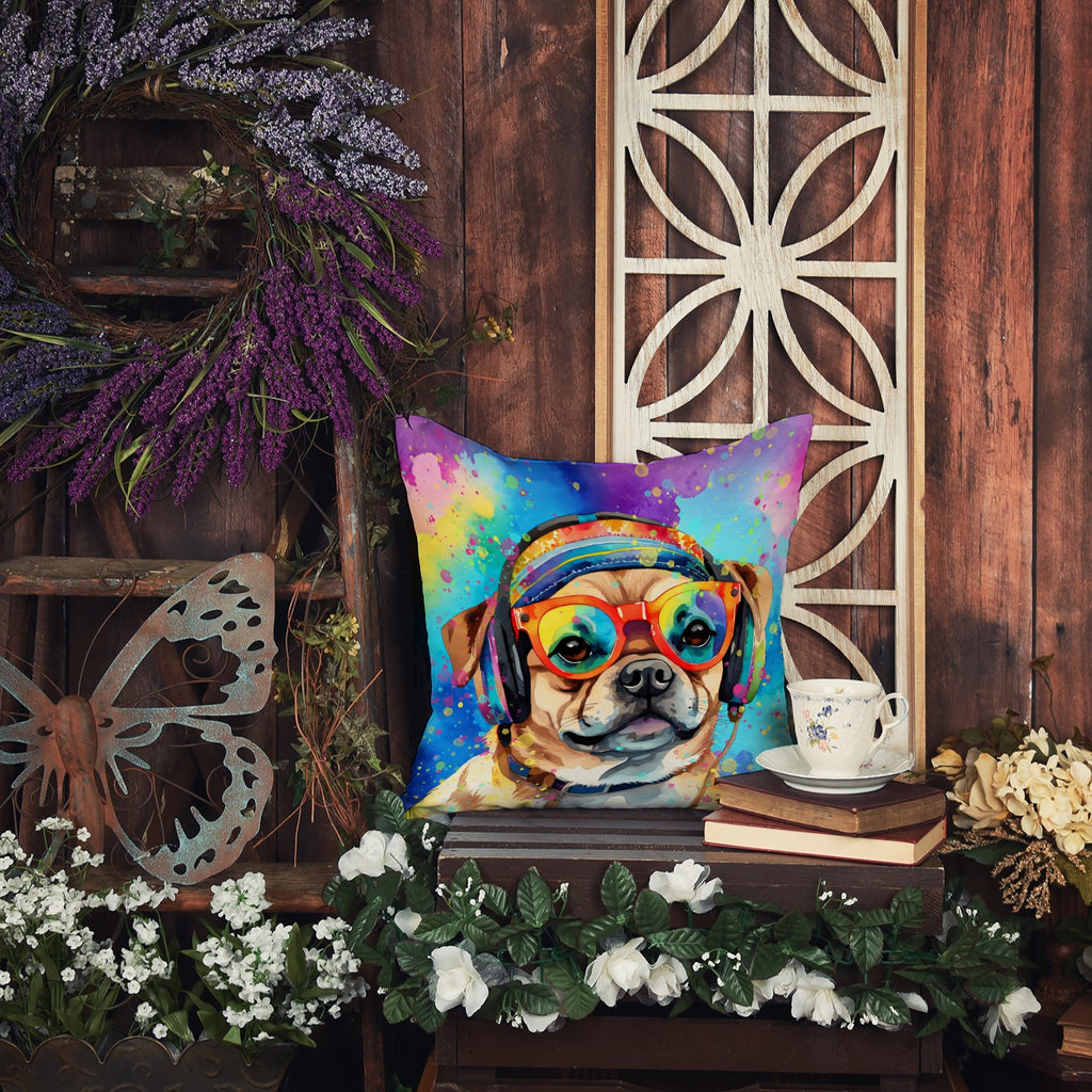 Pug Hippie Dawg Decorative Throw Pillow 14x14 Indoor Outdoor Accent Cushion, Fabric Cover with Insert for Sofa, Bed, Porch & Living Room