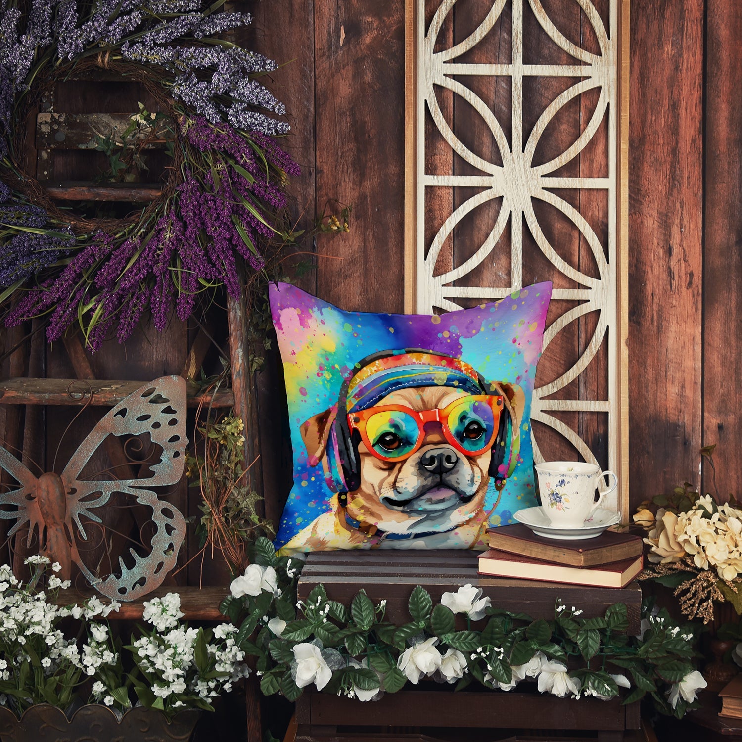Pug Hippie Dawg Decorative Throw Pillow 14x14 Indoor Outdoor Accent Cushion, Fabric Cover with Insert for Sofa, Bed, Porch & Living Room