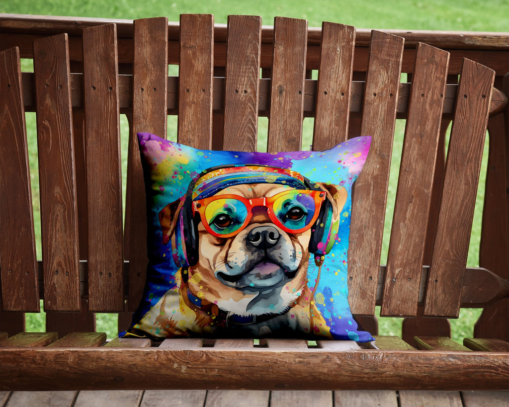 Pug Hippie Dawg Decorative Throw Pillow 14x14 Indoor Outdoor Accent Cushion, Fabric Cover with Insert for Sofa, Bed, Porch & Living Room