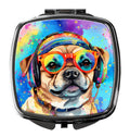 Pug Hippie Dawg Compact Mirror Decorative Travel Makeup Mirror for Women Girls Gifts Pocket Makeup Mirror Folding Handheld