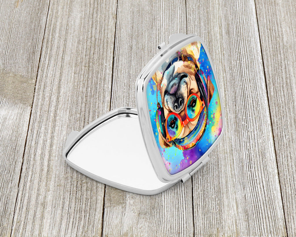 Pug Hippie Dawg Compact Mirror Decorative Travel Makeup Mirror for Women Girls Gifts Pocket Makeup Mirror Folding Handheld