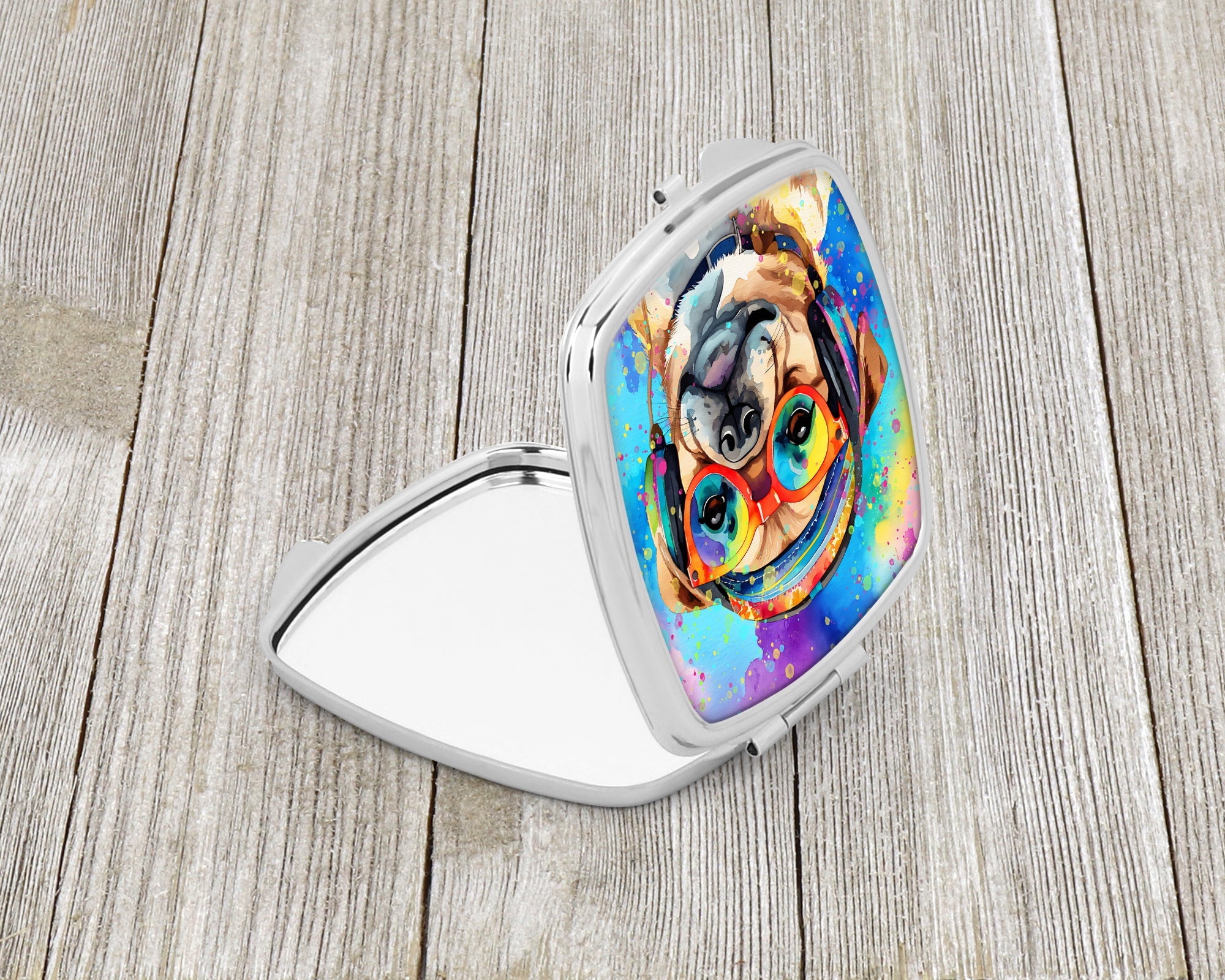 Pug Hippie Dawg Compact Mirror Decorative Travel Makeup Mirror for Women Girls Gifts Pocket Makeup Mirror Folding Handheld