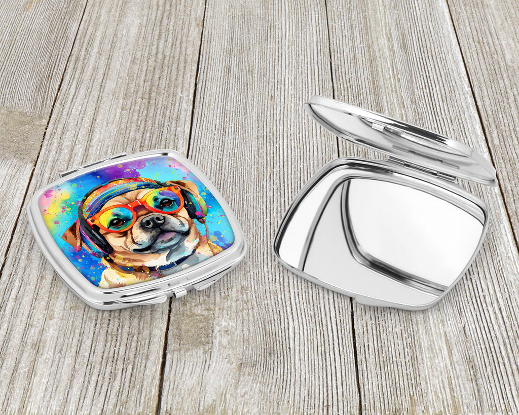 Pug Hippie Dawg Compact Mirror Decorative Travel Makeup Mirror for Women Girls Gifts Pocket Makeup Mirror Folding Handheld