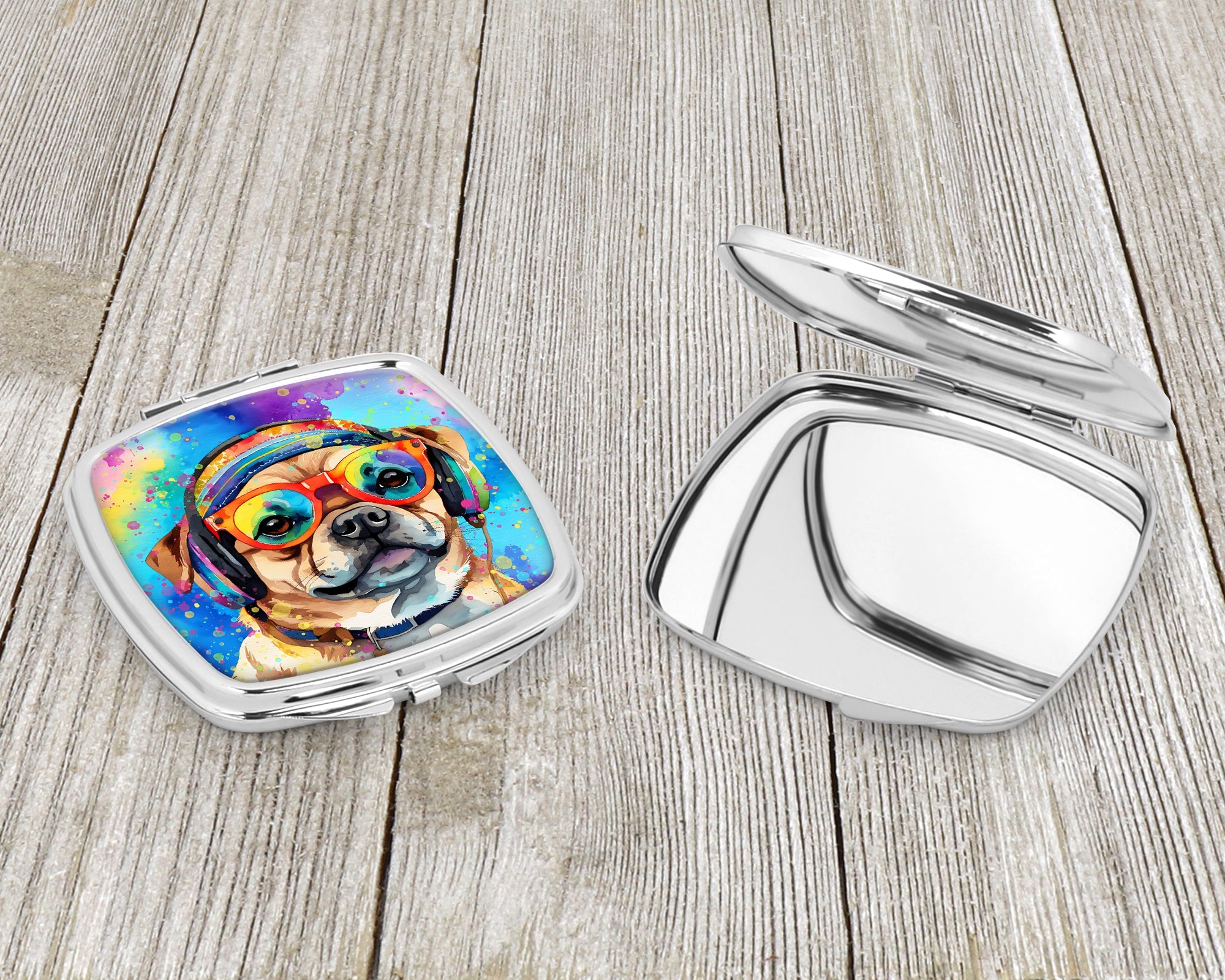 Pug Hippie Dawg Compact Mirror Decorative Travel Makeup Mirror for Women Girls Gifts Pocket Makeup Mirror Folding Handheld