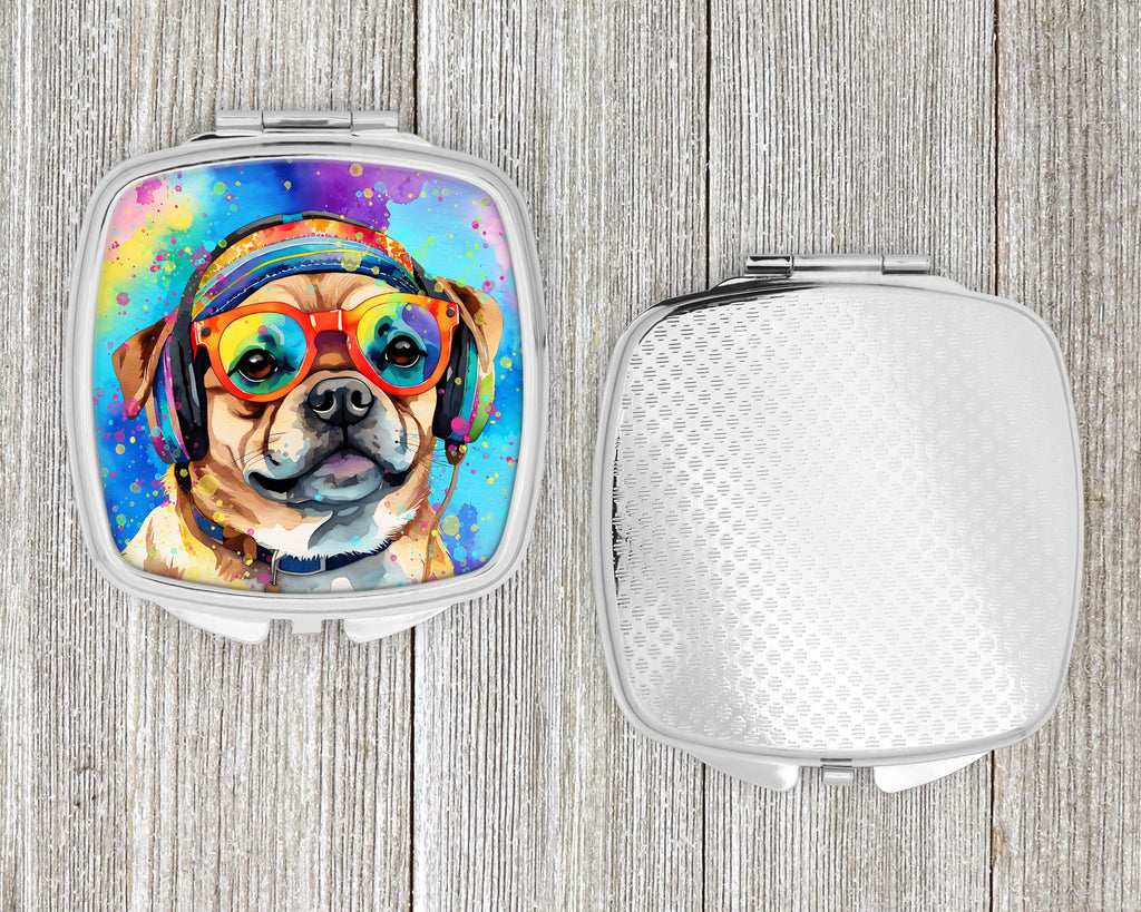 Pug Hippie Dawg Compact Mirror Decorative Travel Makeup Mirror for Women Girls Gifts Pocket Makeup Mirror Folding Handheld