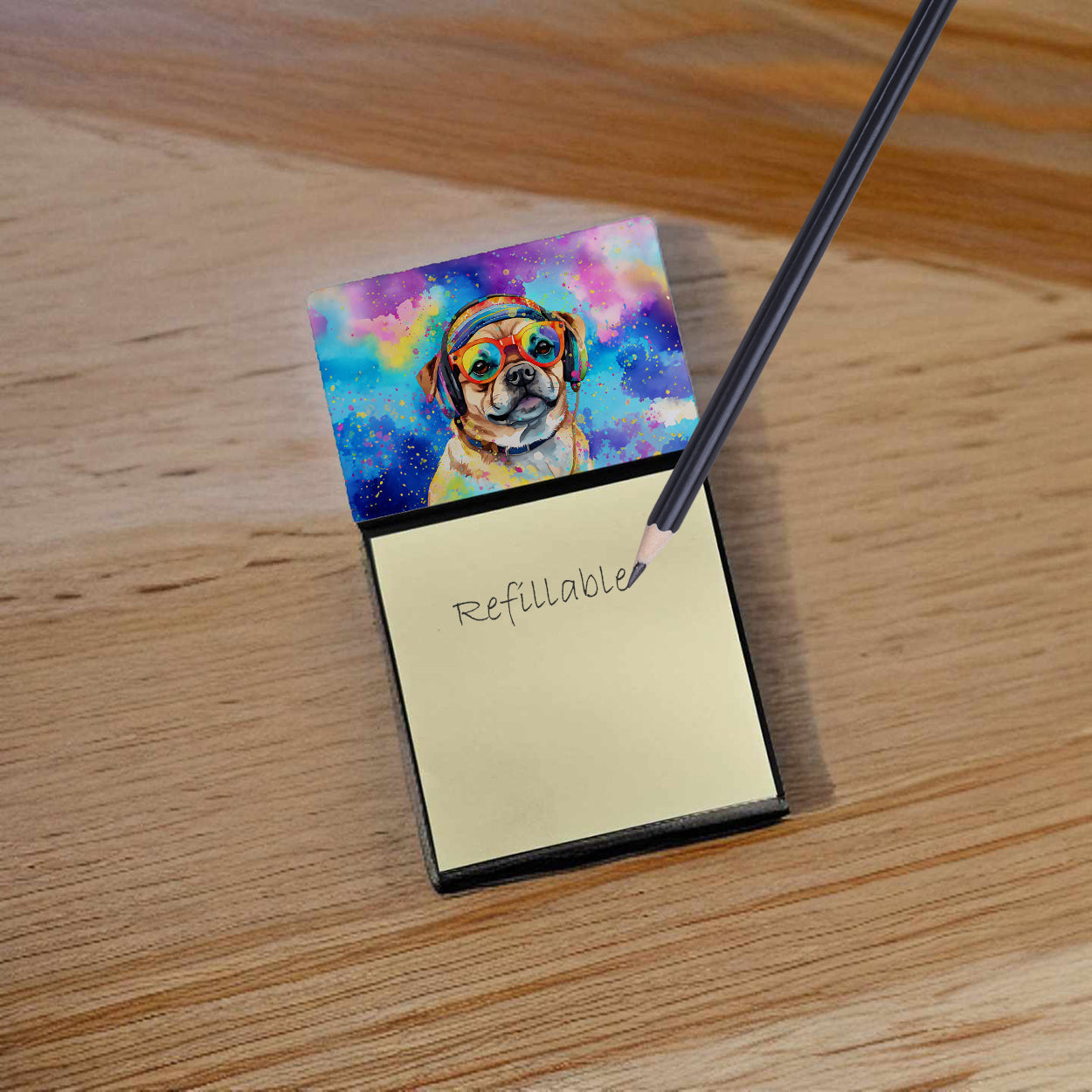 Pug Hippie Dawg Watercolor Sticky Note Holder Refillable Dispenser Desk Accessory 3x3 Pad Gift