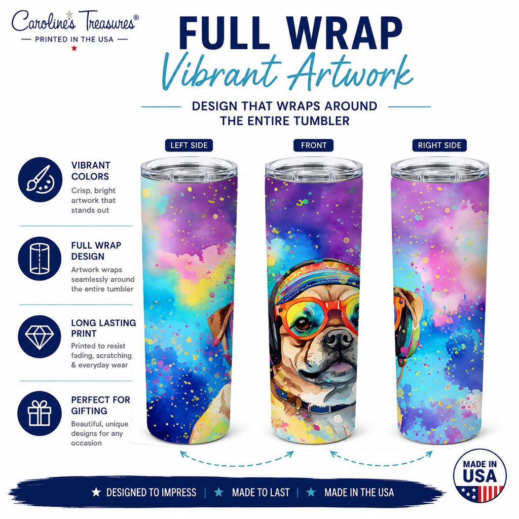 Pug Hippie Dawg Stainless Steel Skinny Tumbler 20 oz Vacuum Double Walled Reusable Insulated Travel Cup