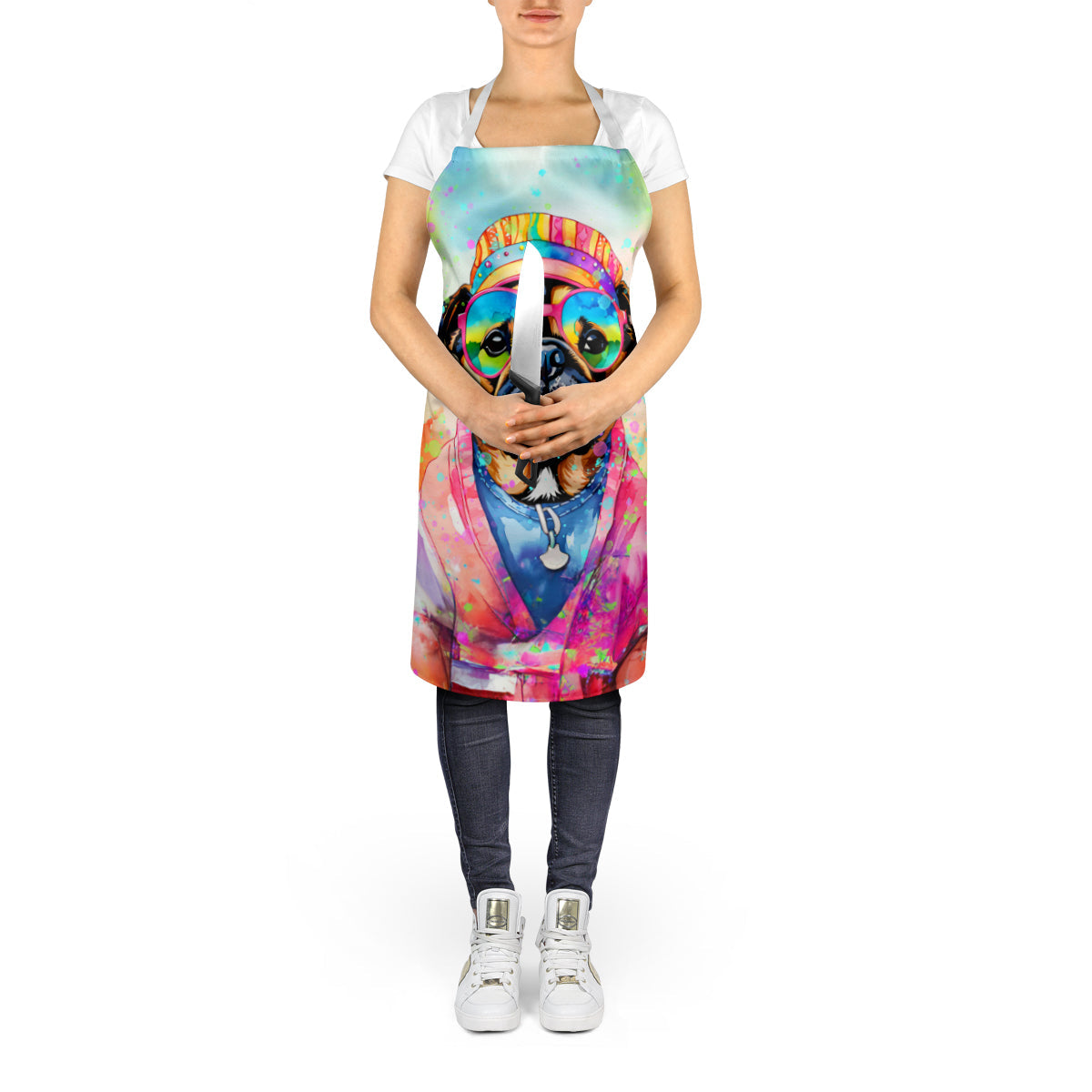 Pug Hippie Dawg Apron Cooking Kitchen Server Baking Crafts Gardening for Adult Women Men, Unisex, Large, Multicolor